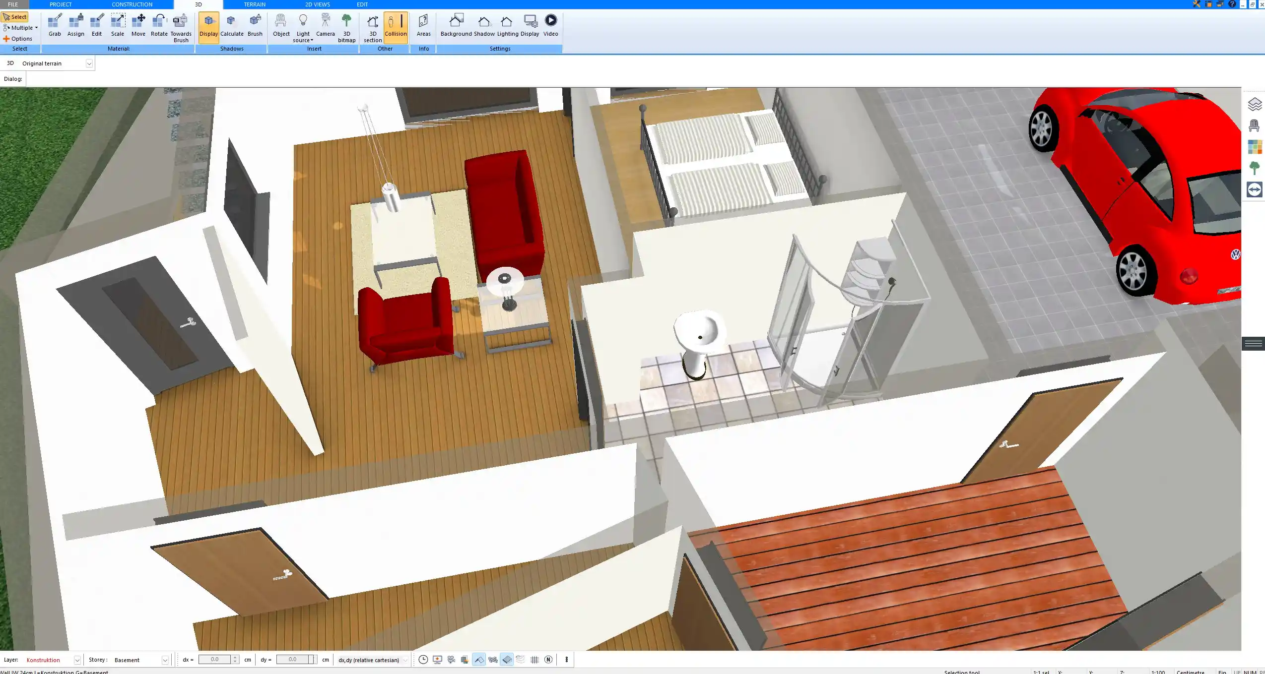 3D view created with Plan7Architect showing a bathroom with corner shower next to a bedroom