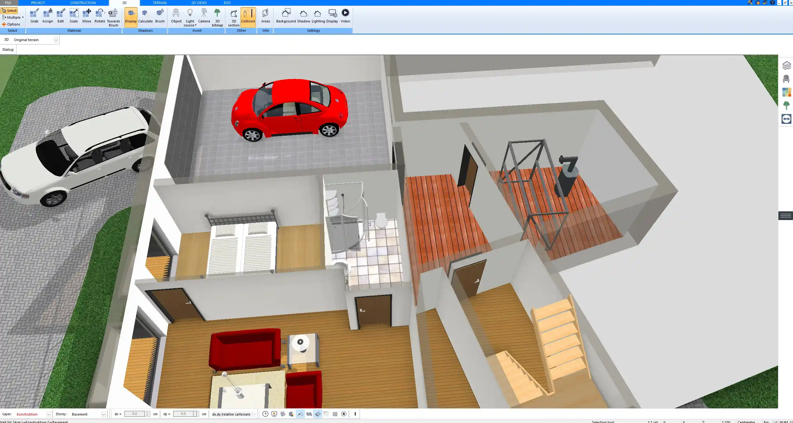 3D view created with Plan7Architect showing a bathroom with shower between bedroom and living room