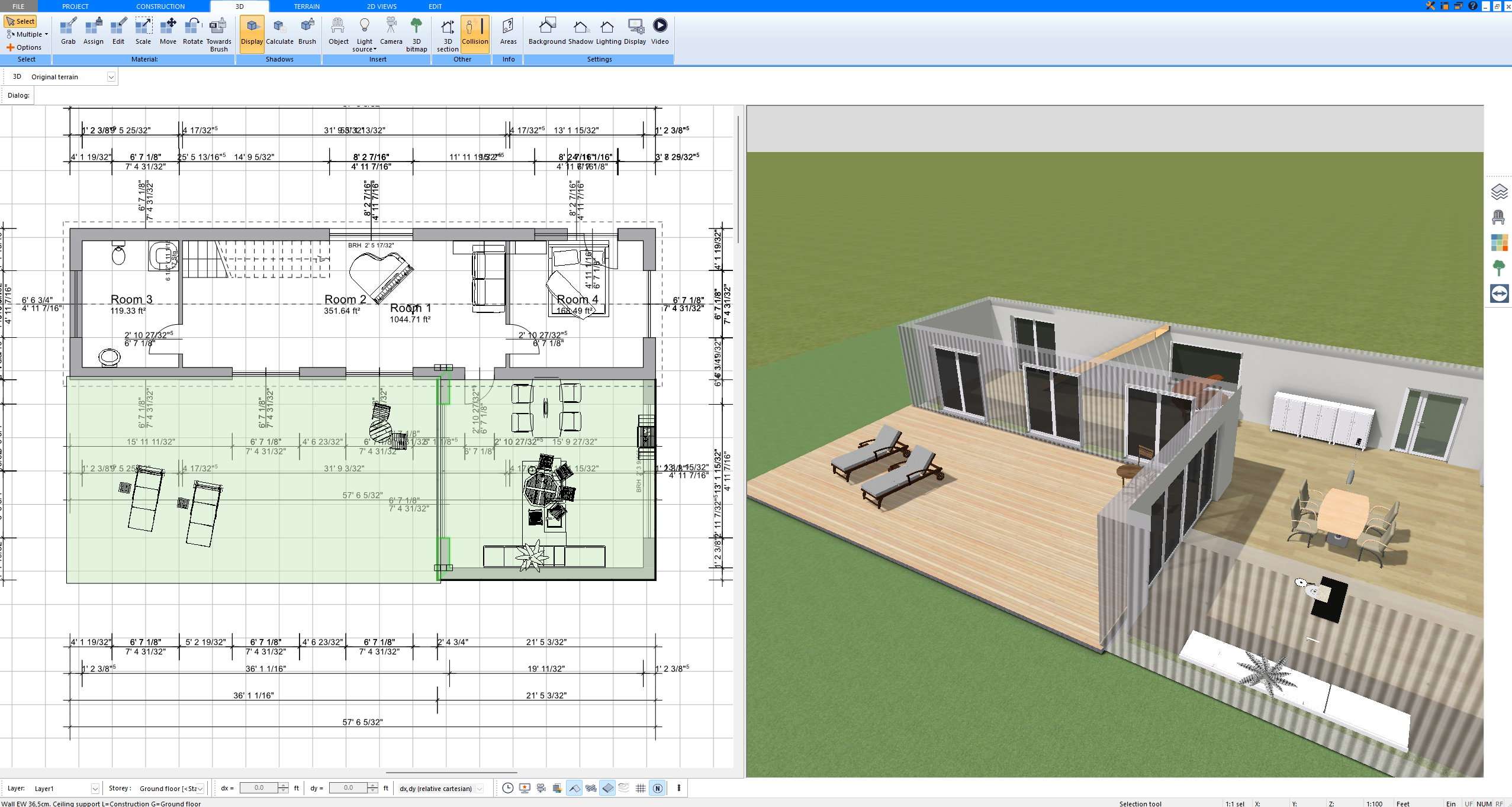 3D view created with Plan7Architect showing a furnished open living and work area next to a terrace