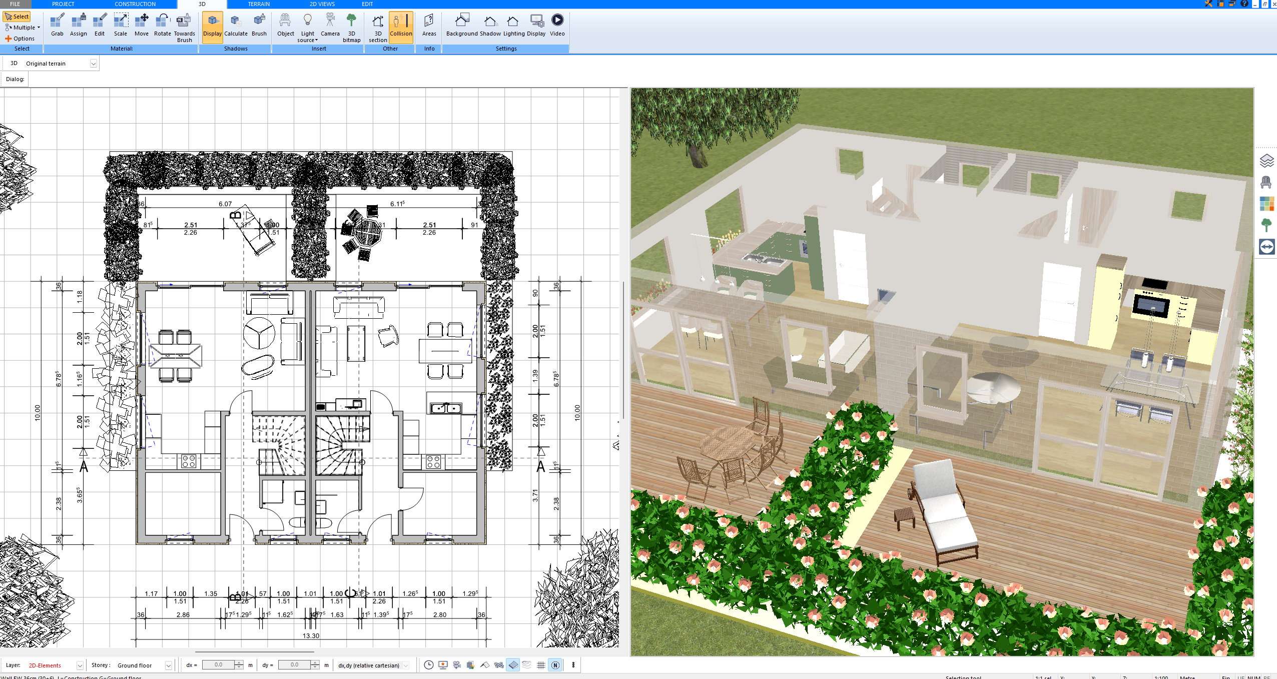 3D view created with Plan7Architect showing an open kitchen dining and living area next to a terrace