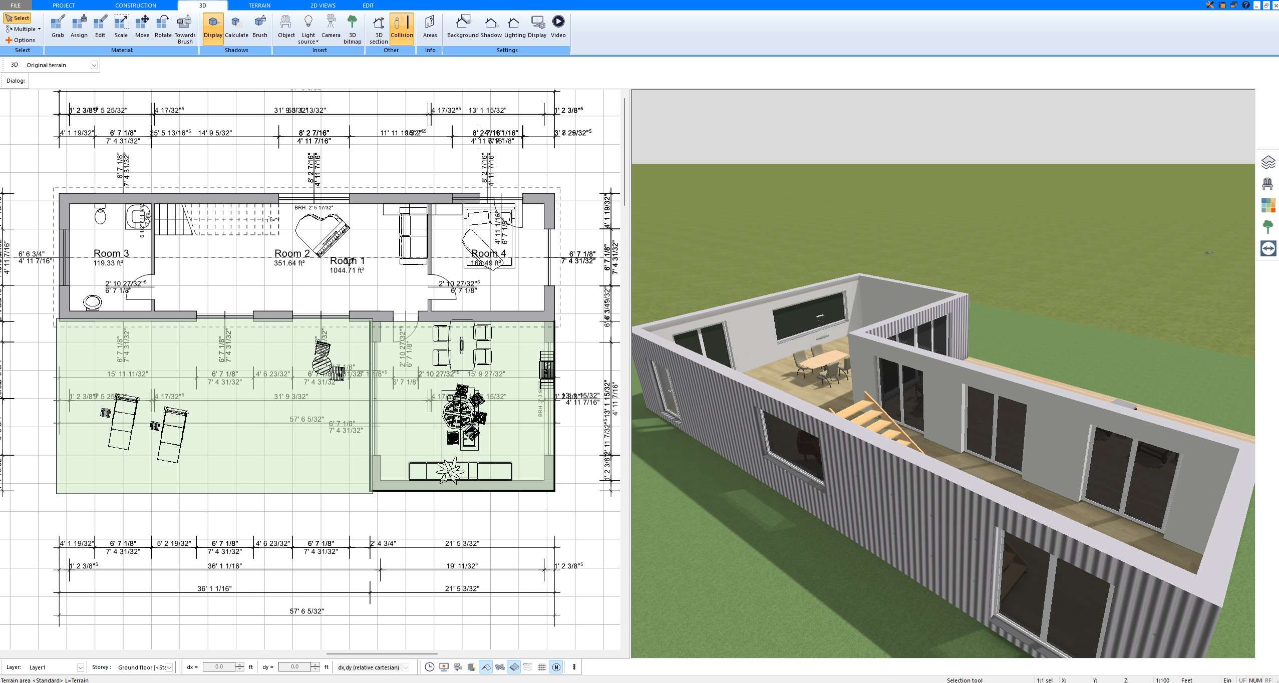 3D view created with Plan7Architect showing the open living area and staircase of a compact home