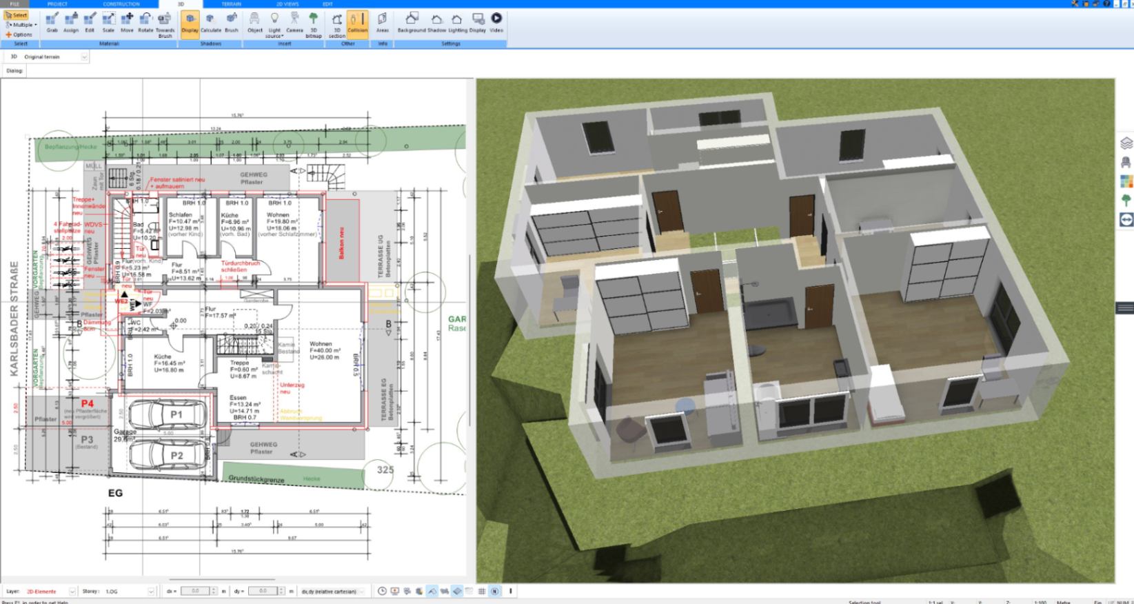 3D view of a ground floor with interior stairs planned in Plan7Architect
