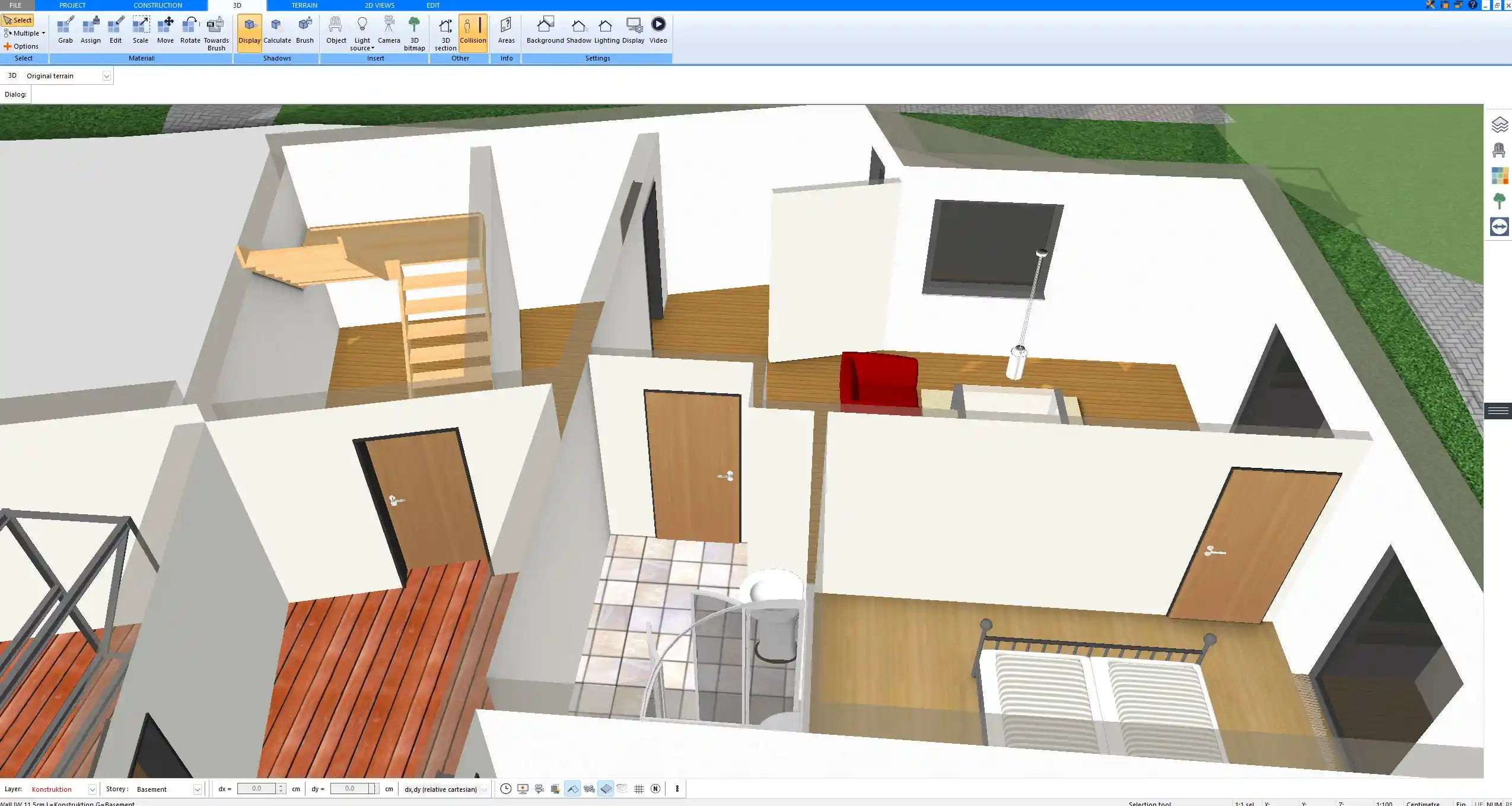 3D view of a planned upper floor in Plan7Architect showing door positions to bedroom bathroom and hallway
