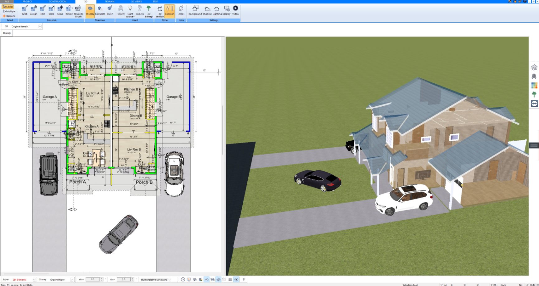 3D view of a two-story house with garage and driveway created with Plan7Architect