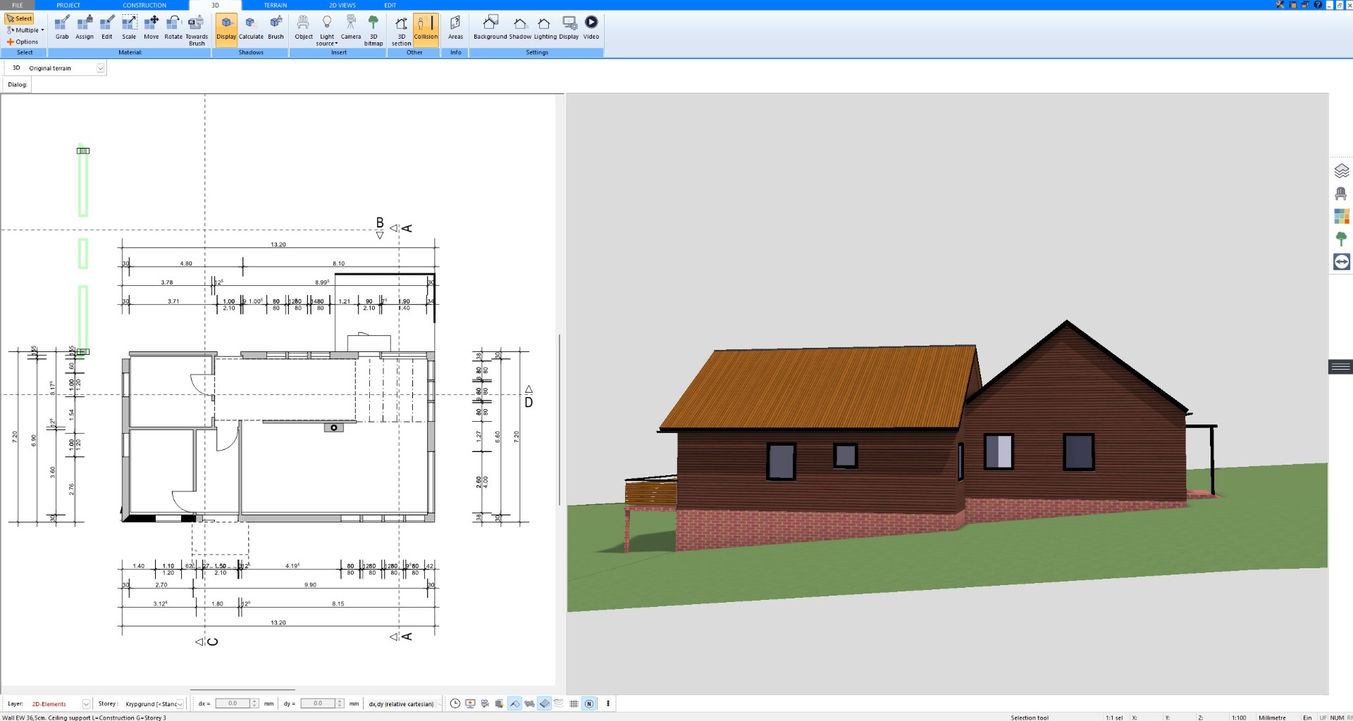 Barn style house with wooden siding designed in 2D and 3D with Plan7Architect
