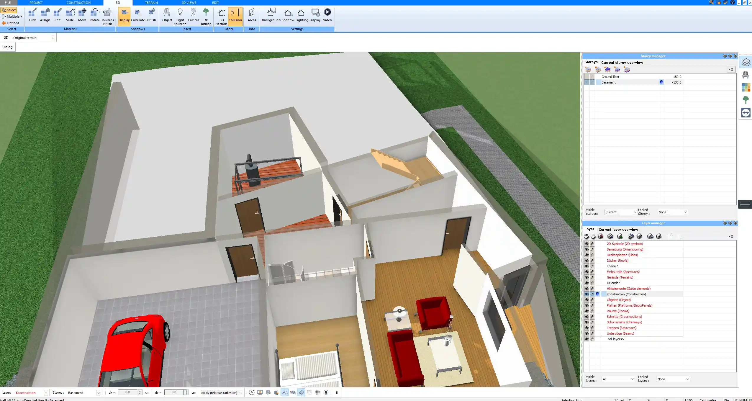 Basement floor planned in 3D with Plan7Architect showing garage bedroom and living room with storey manager