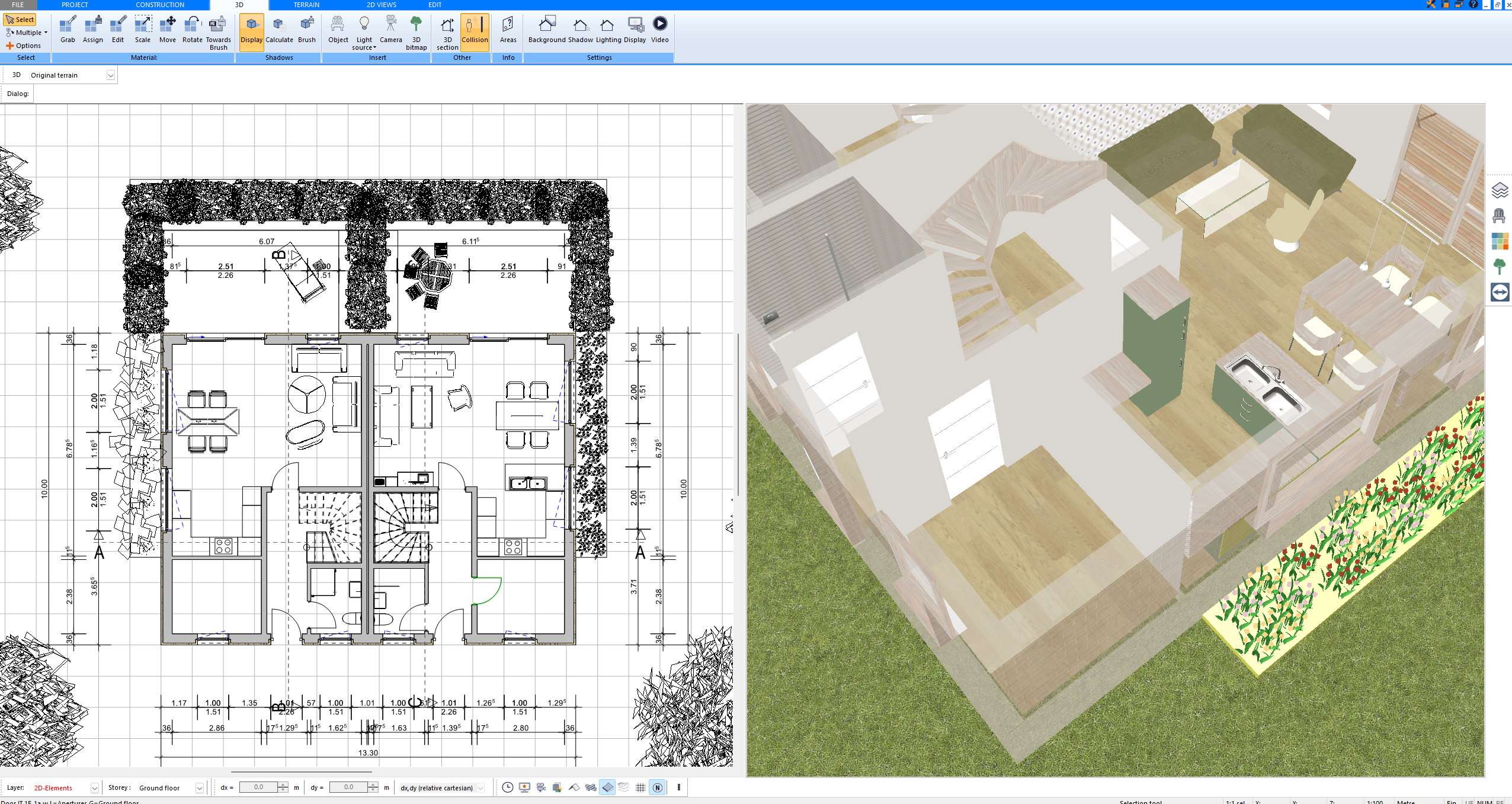 Close-up 3D view created with Plan7Architect showing kitchen counters and island in an open floor plan