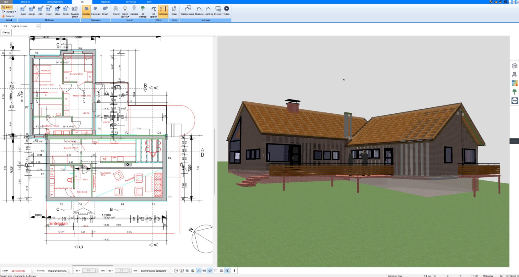 Custom timber house with deck designed in 2D and 3D in Plan7Architect