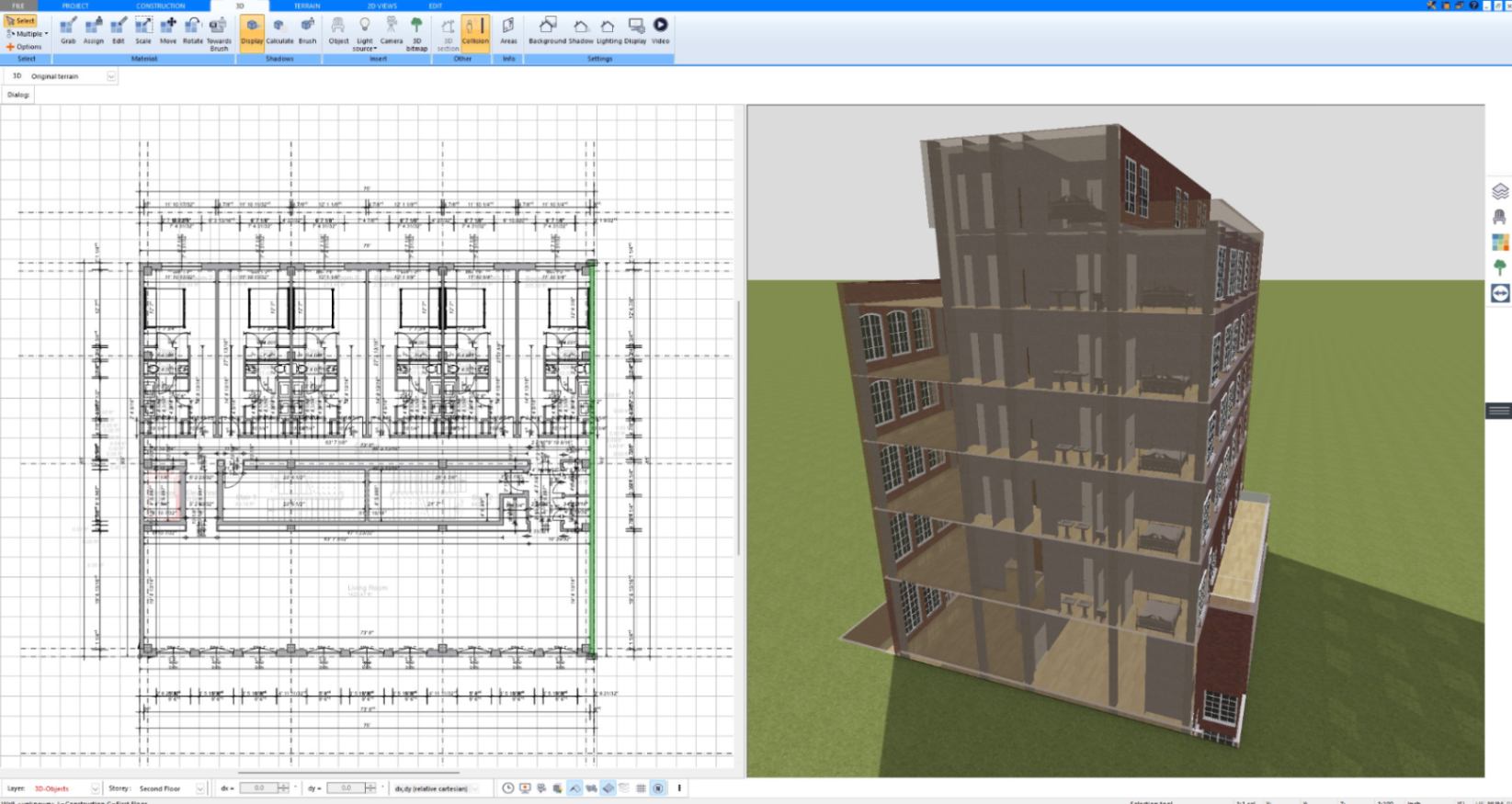Cutaway of a multi-story apartment building showing all floors designed in Plan7Architect, front view