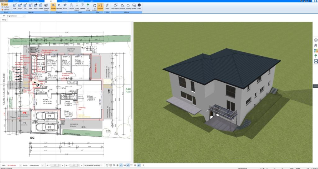 Detailed 2D floor plan with dimensions next to a 3D house model in Plan7Architect Detailed 2D floor plan with dimensions next to a 3D house model in Plan7Architect