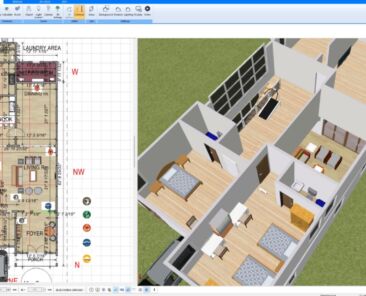 Dimensioned 2D floor plan and 3D cutaway of a narrow two-story house in Plan7Architect