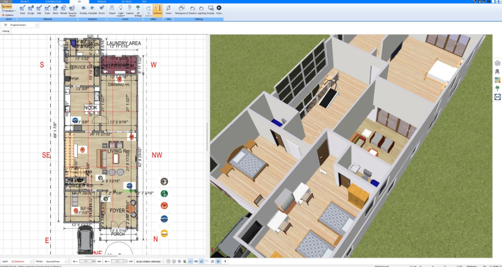 Dimensioned 2D floor plan and 3D cutaway of a narrow two-story house in Plan7Architect