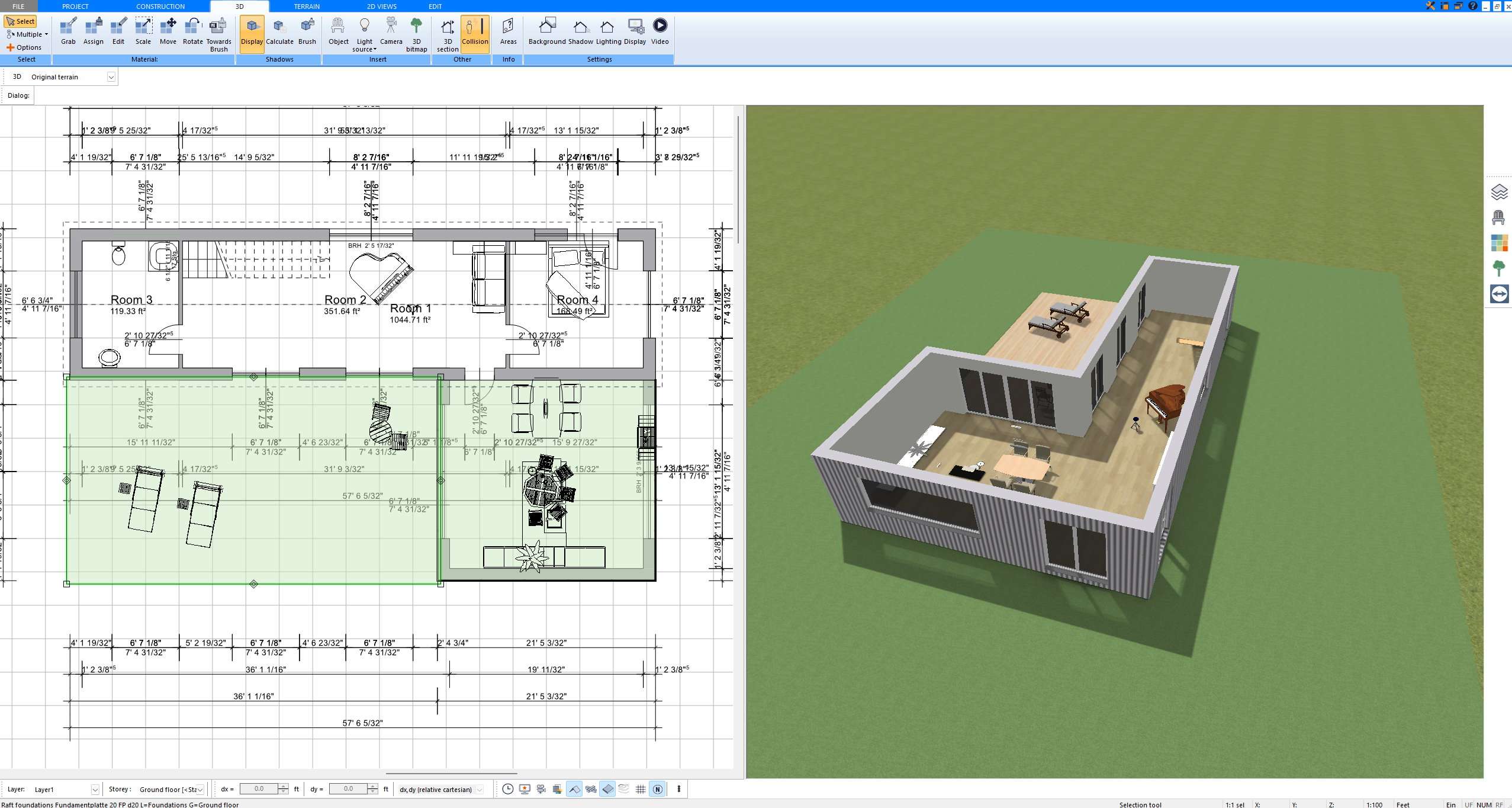 Dimensioned floor plan and 3D model created with Plan7Architect for checking room sizes in a single-story home