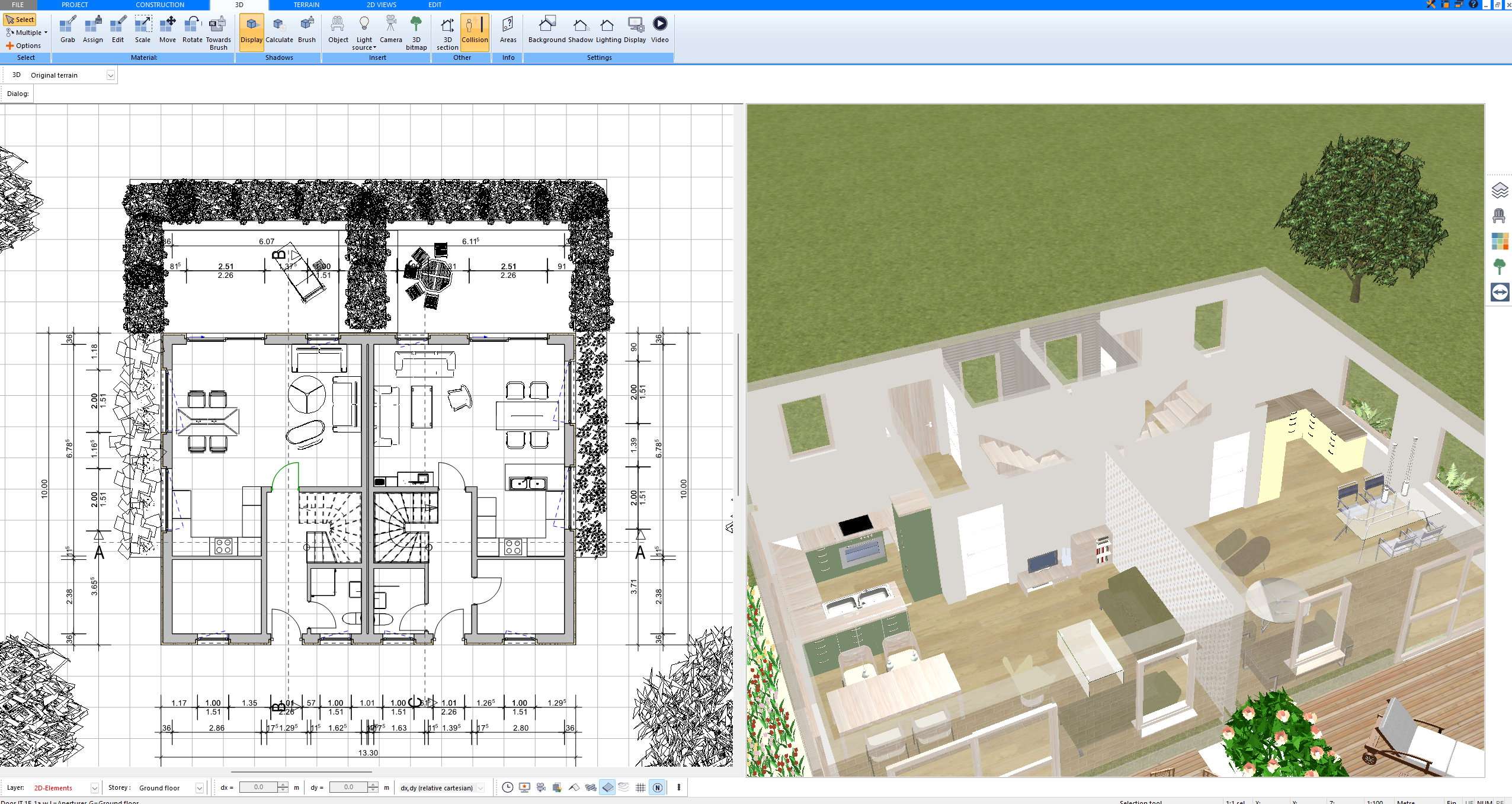 Floor plan and 3D interior created with Plan7Architect for planning workstations and circulation space