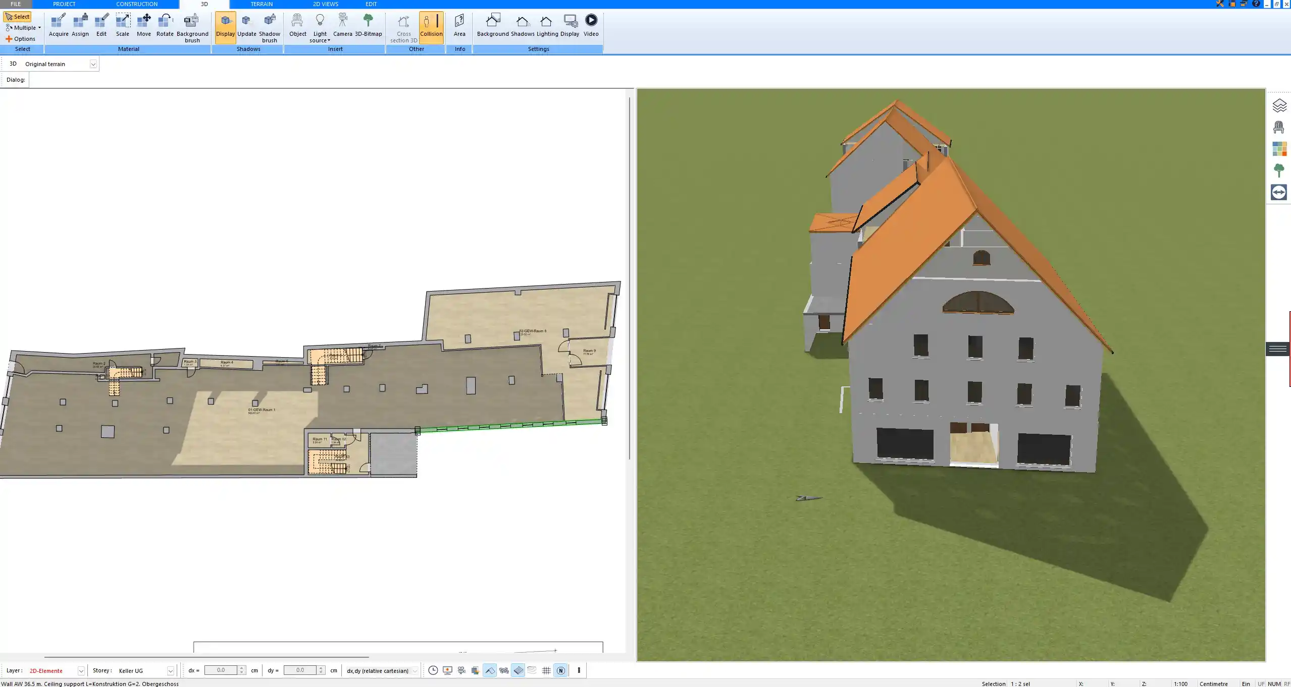 Floor plan and 3D model of a commercial building created with Plan7Architect