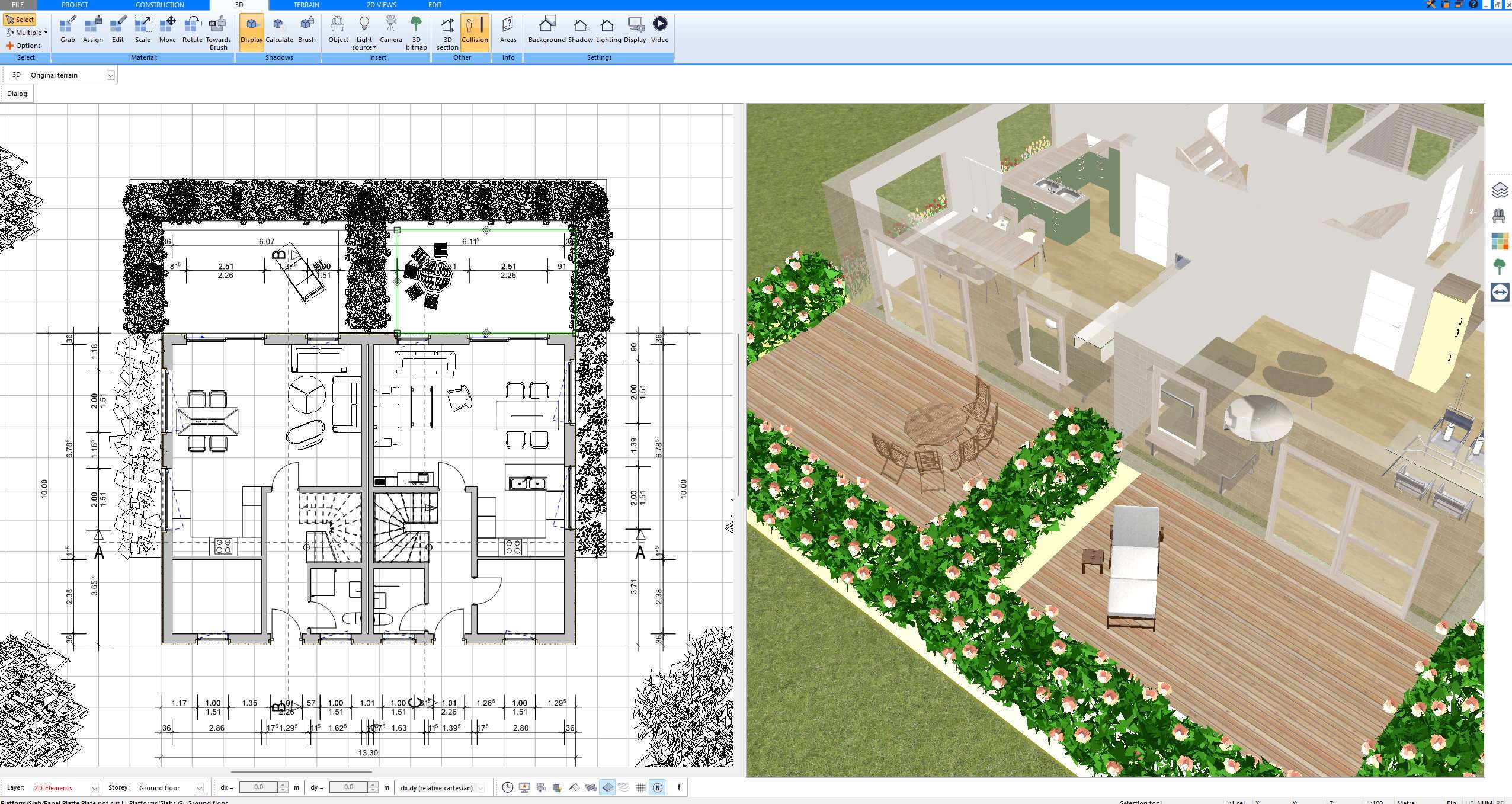 Floor plan and 3D view created with Plan7Architect showing a patio with dining set and lounger