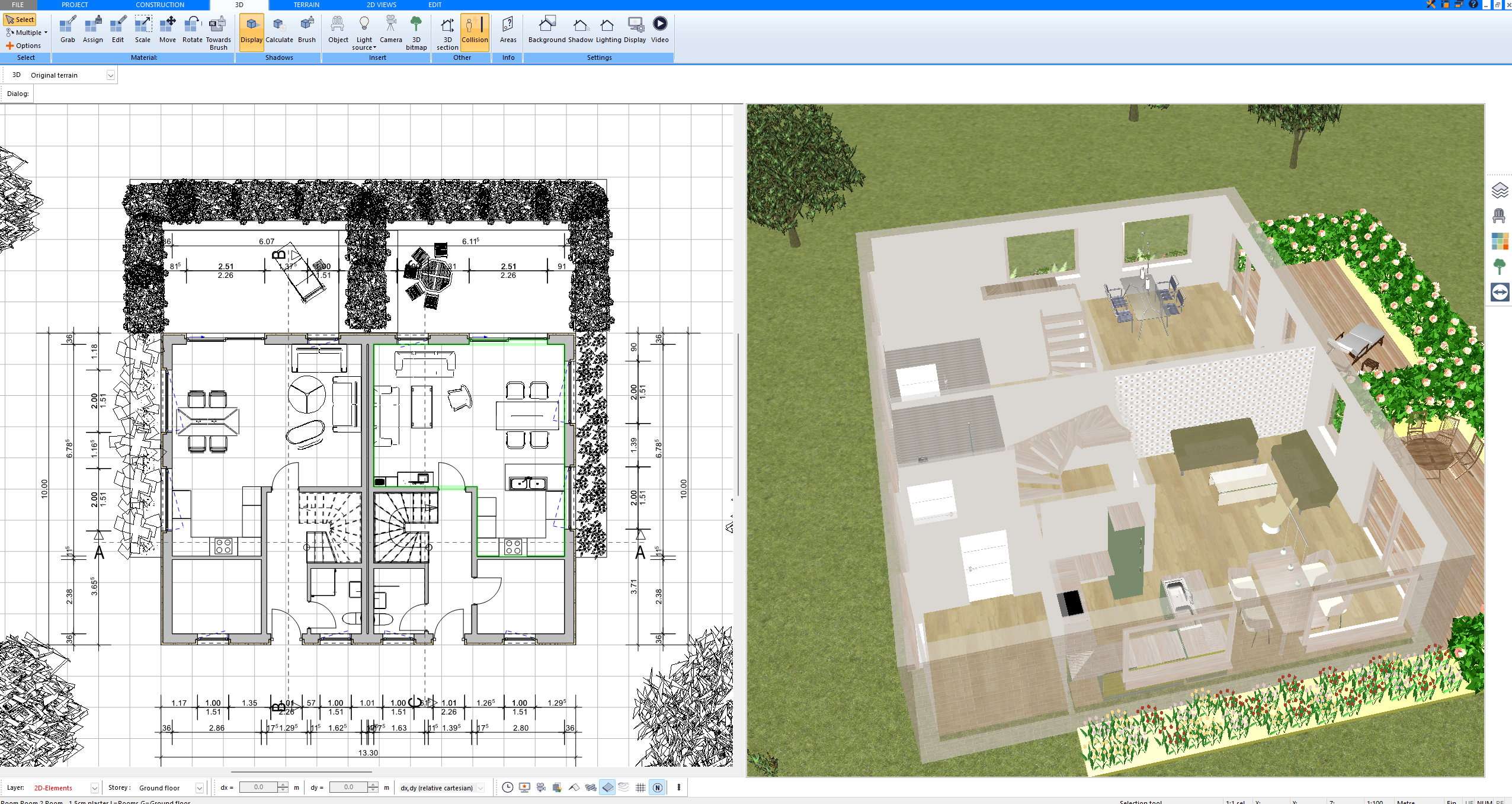 Floor plan and 3D view created with Plan7Architect showing an open kitchen with island and dining area