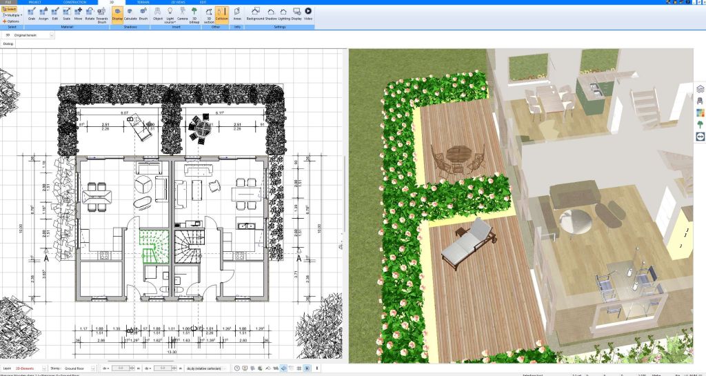 Floor plan and 3D view created with Plan7Architect showing wooden decks with lounger and dining set Floor plan and 3D view created with Plan7Architect showing wooden decks with lounger and dining set