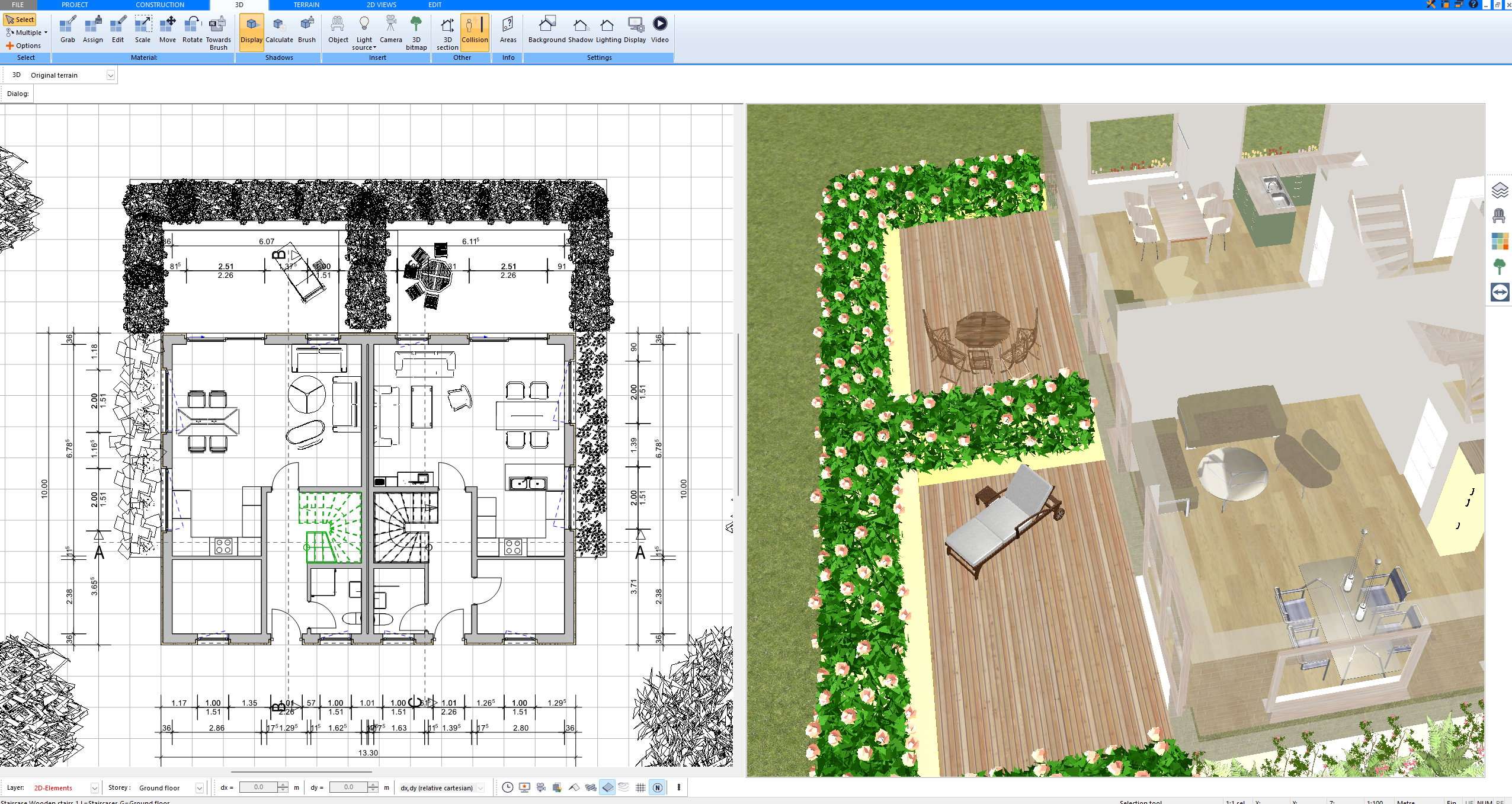 Floor plan and 3D view created with Plan7Architect showing wooden decks with lounger and dining set