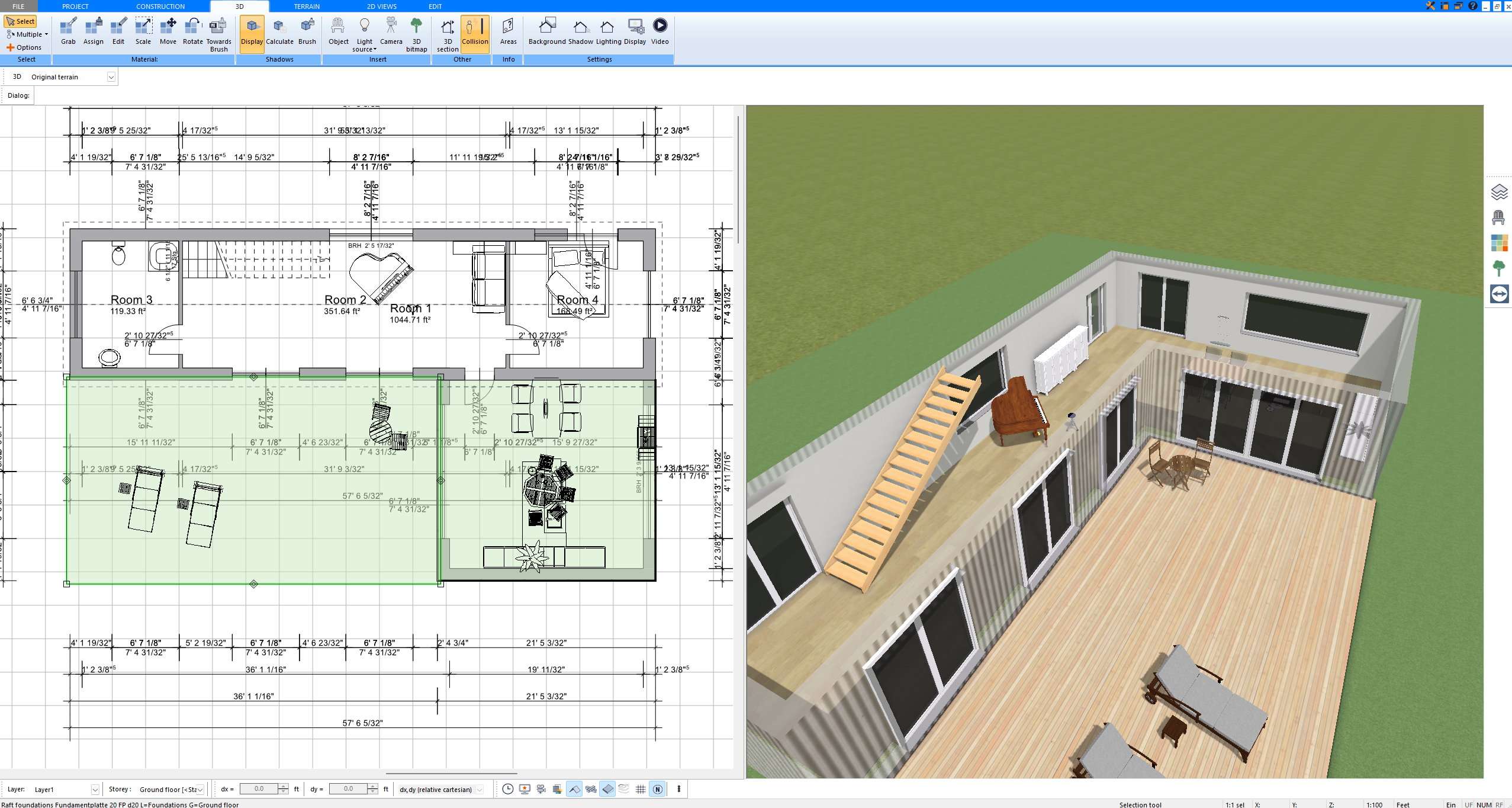 Floor plan with dimensions and 3D view created with Plan7Architect showing large glass doors and windows