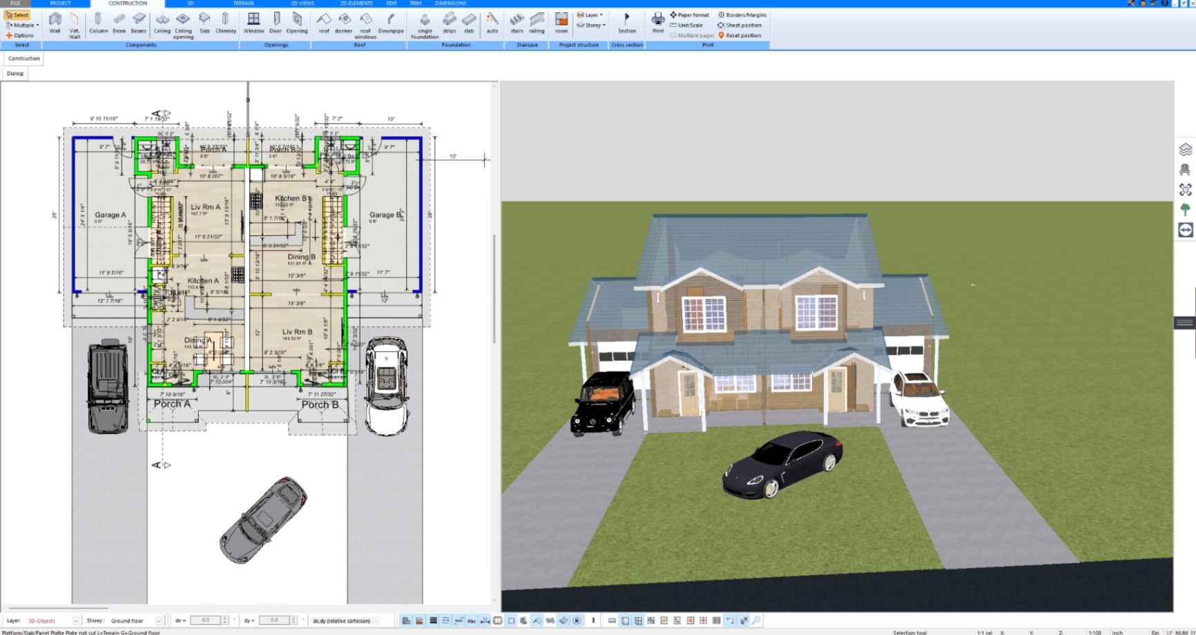 Front elevation view of a two-story house with garages designed in Plan7Architect