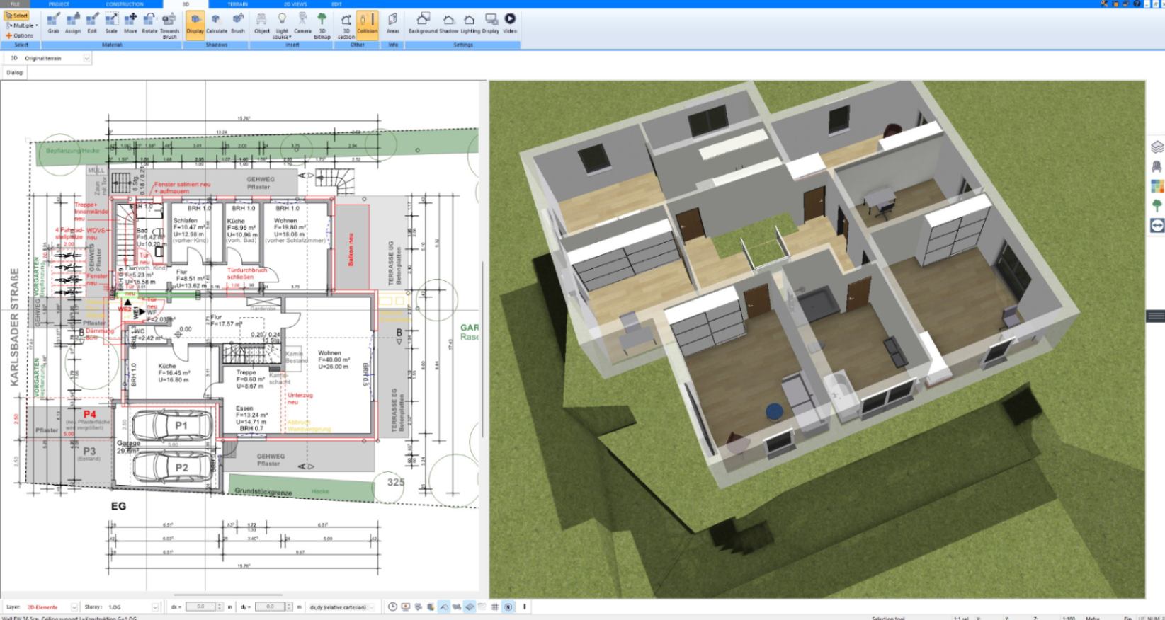 Furnished 3D floor plan of a family house designed in Plan7Architect, aerial view