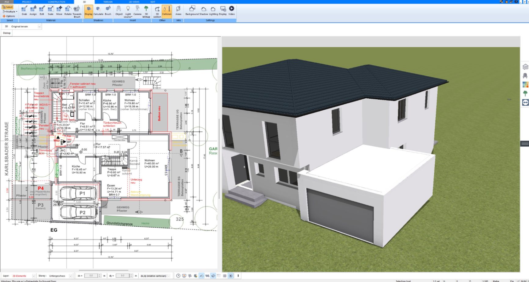 Garden side of a modern house with terrace planned in Plan7Architect