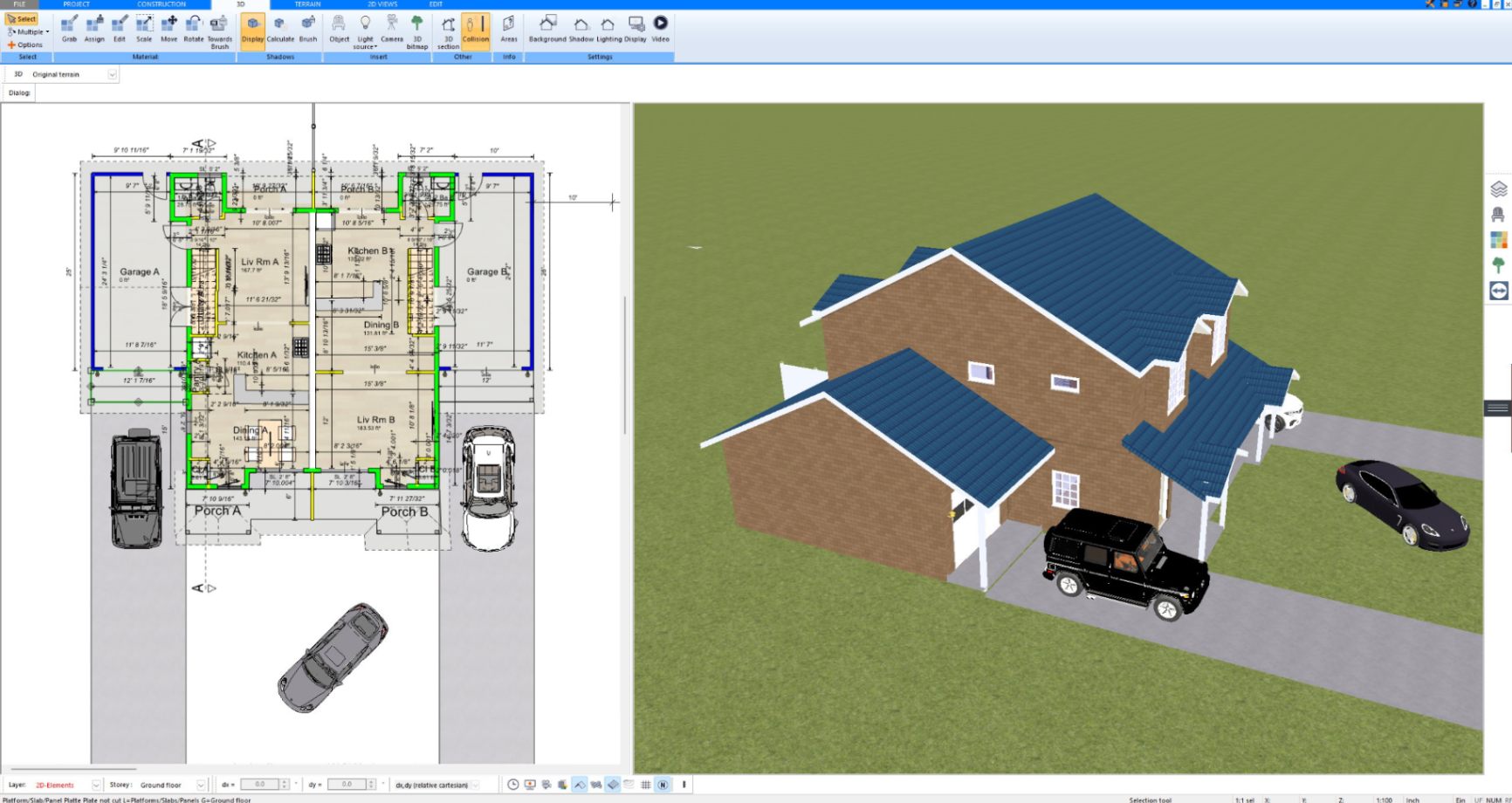 House with driveway, lawn and parked cars designed in Plan7Architect