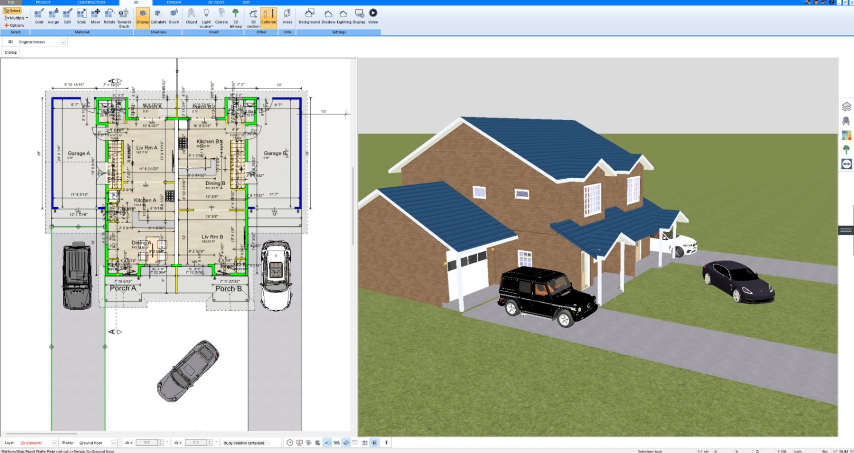 House with front yard, driveway and cars planned in 3D with Plan7Architect