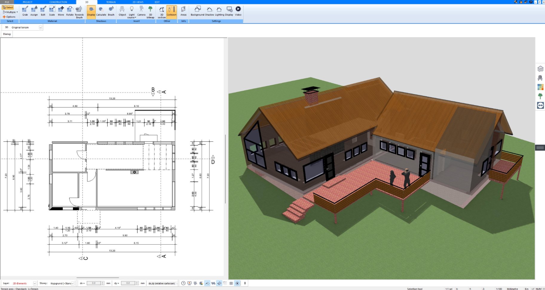 L-shaped barn style home with deck created with Plan7Architect