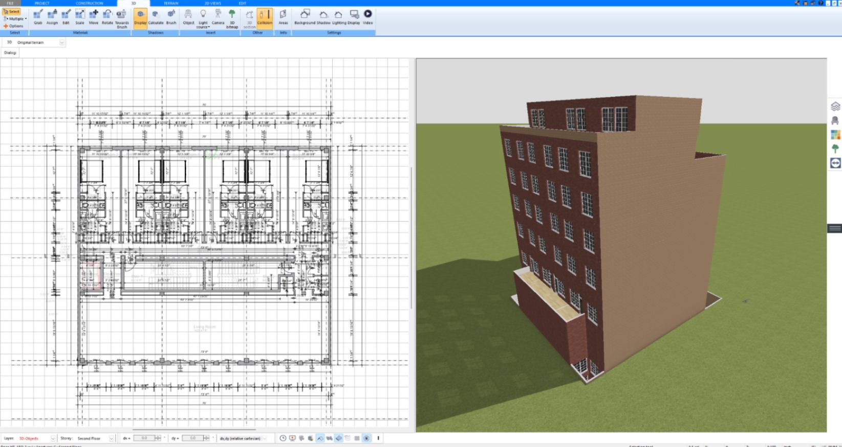 Multi-story apartment building planned in 2D and 3D with Plan7Architect