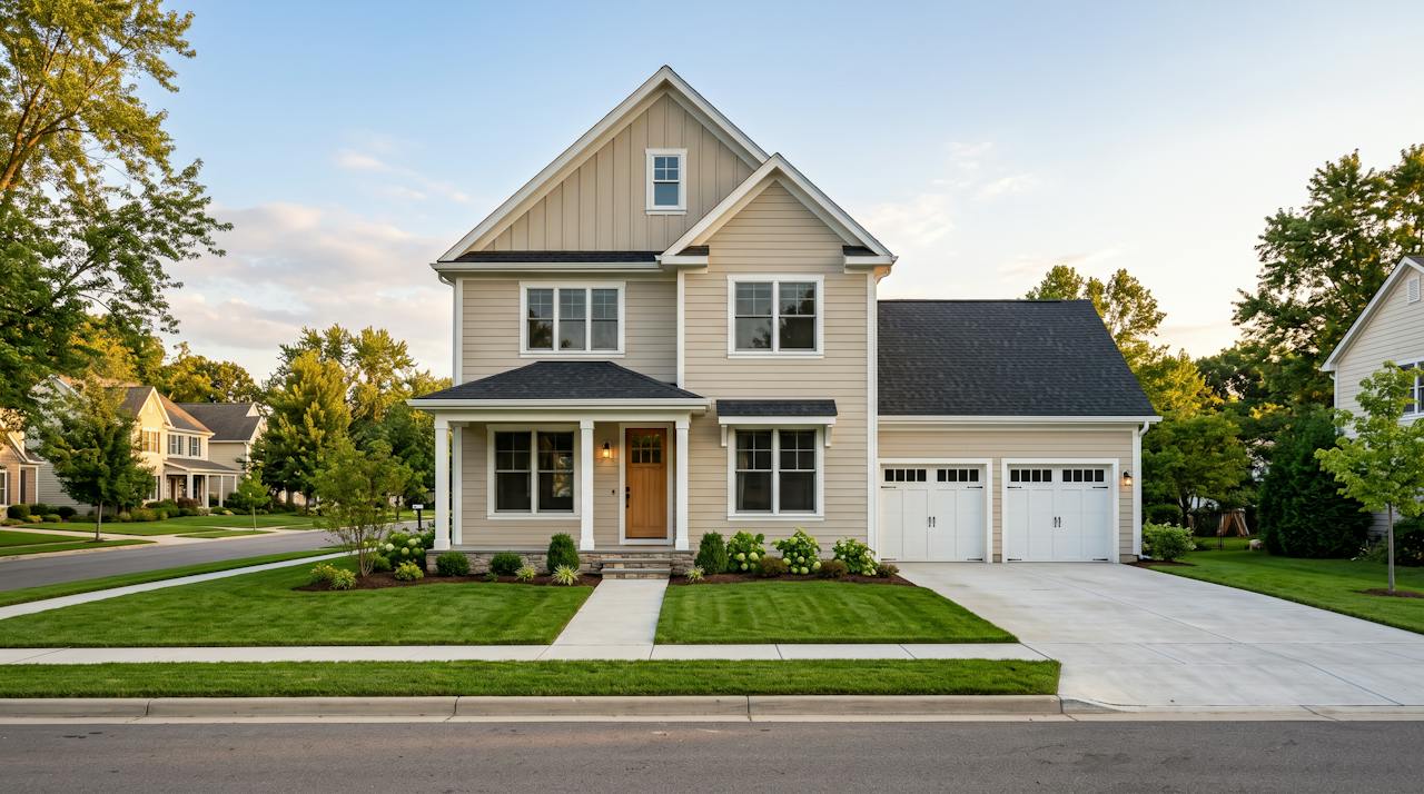 New two-story family home with covered porch and two-car garage