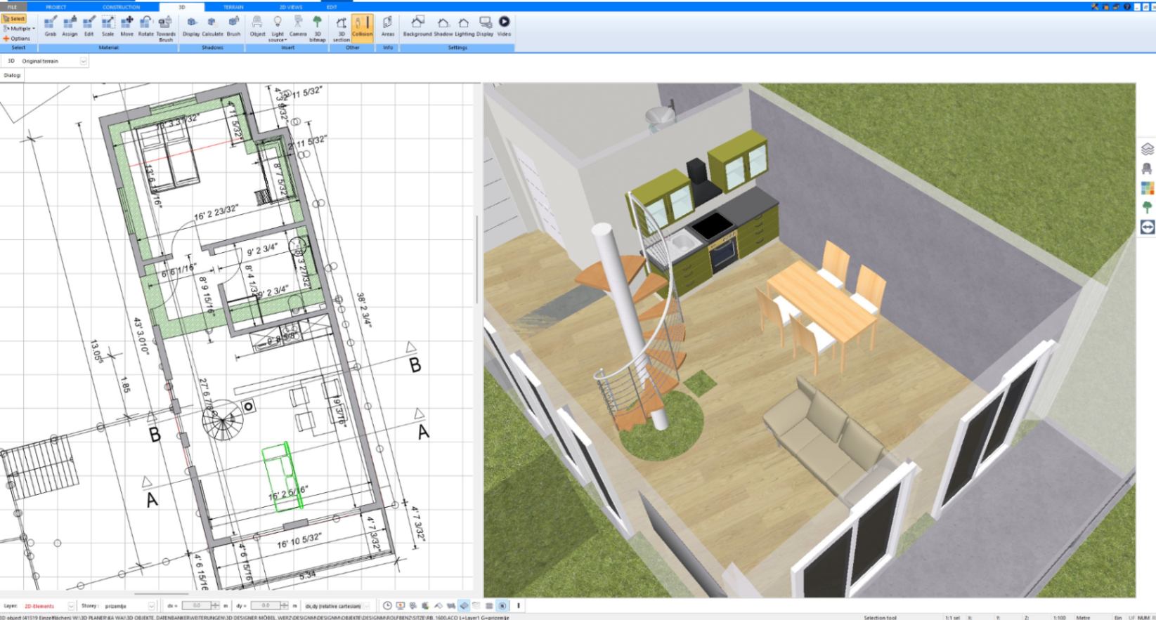 Open kitchen and dining area with spiral staircase planned in Plan7Architect