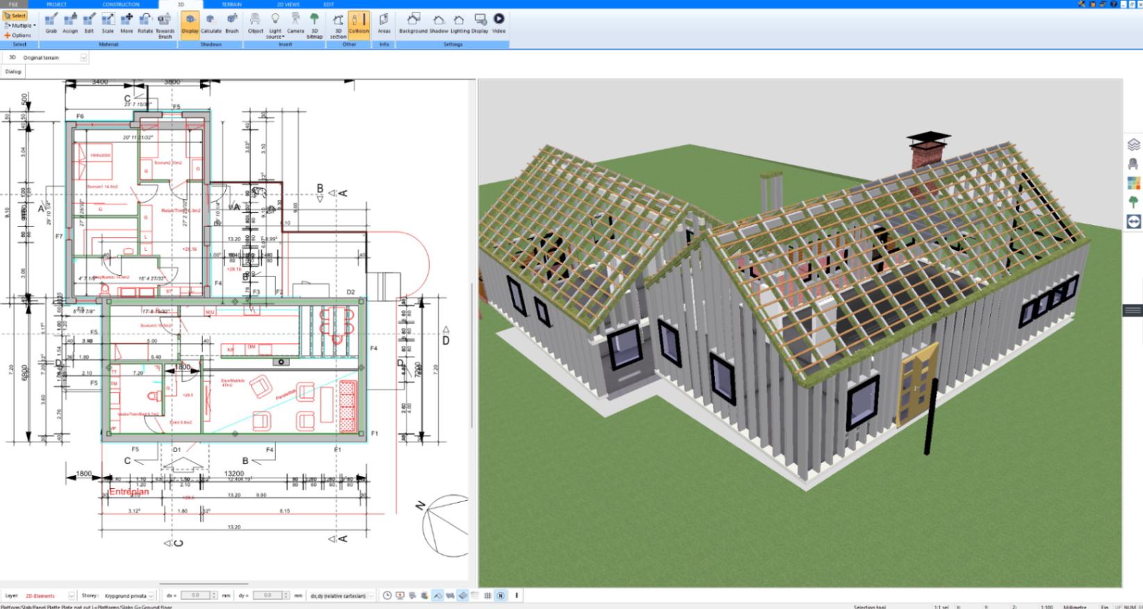 Post and beam framing with roof trusses planned in 3D with Plan7Architect