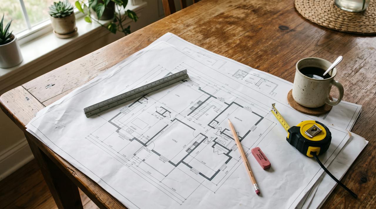 Printed house plans with scale ruler, pencil and tape measure on a wooden table