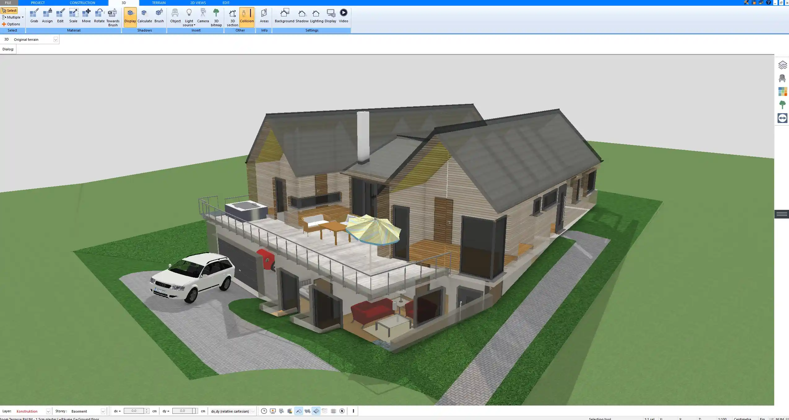 Raised deck with railing table and umbrella planned in 3D with Plan7Architect