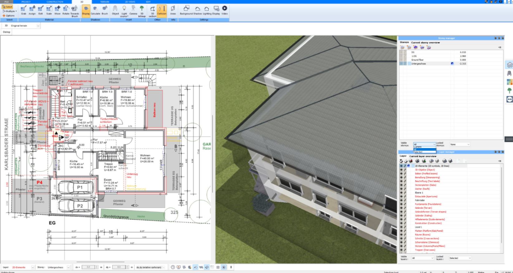Roof and wall properties edited in the 3D view of Plan7Architect