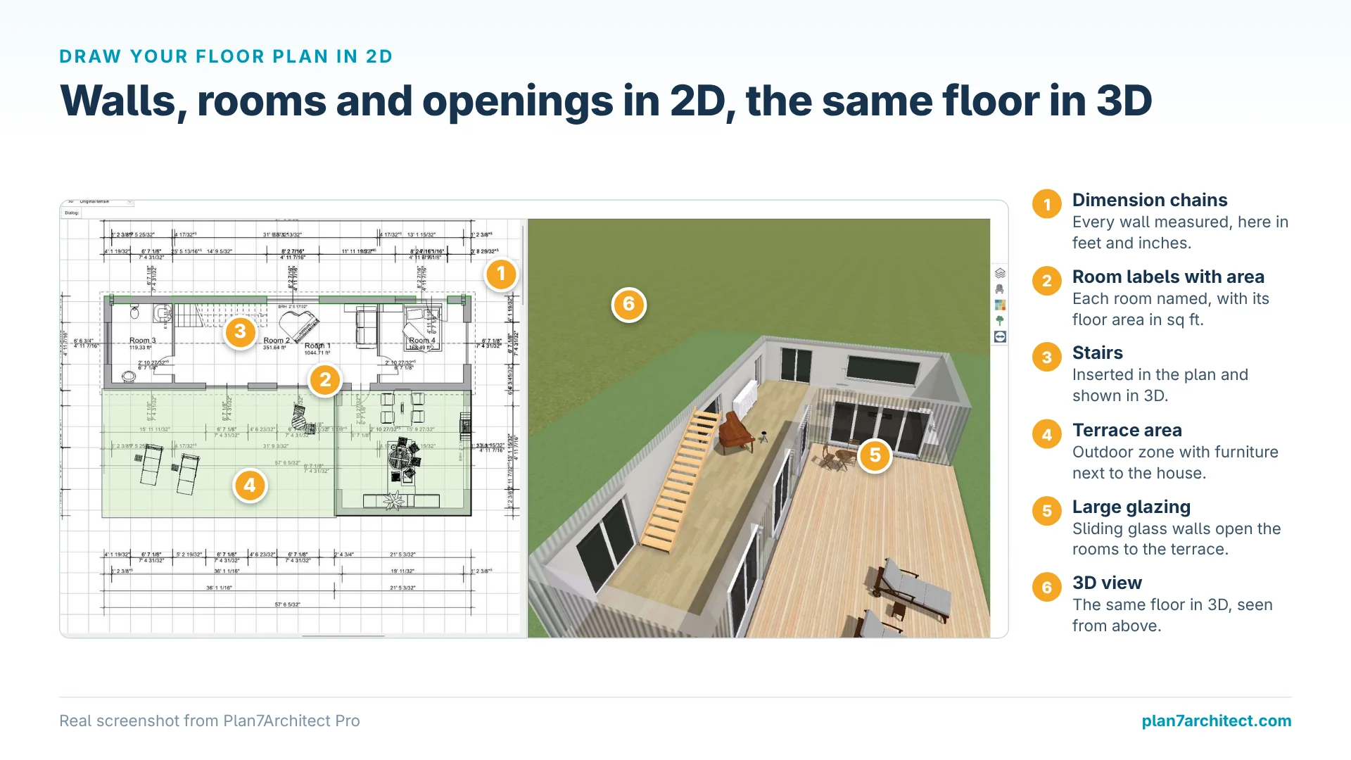 Screenshot: 2D floor plan with dimension chains, room areas, stairs and terrace next to 3D view
