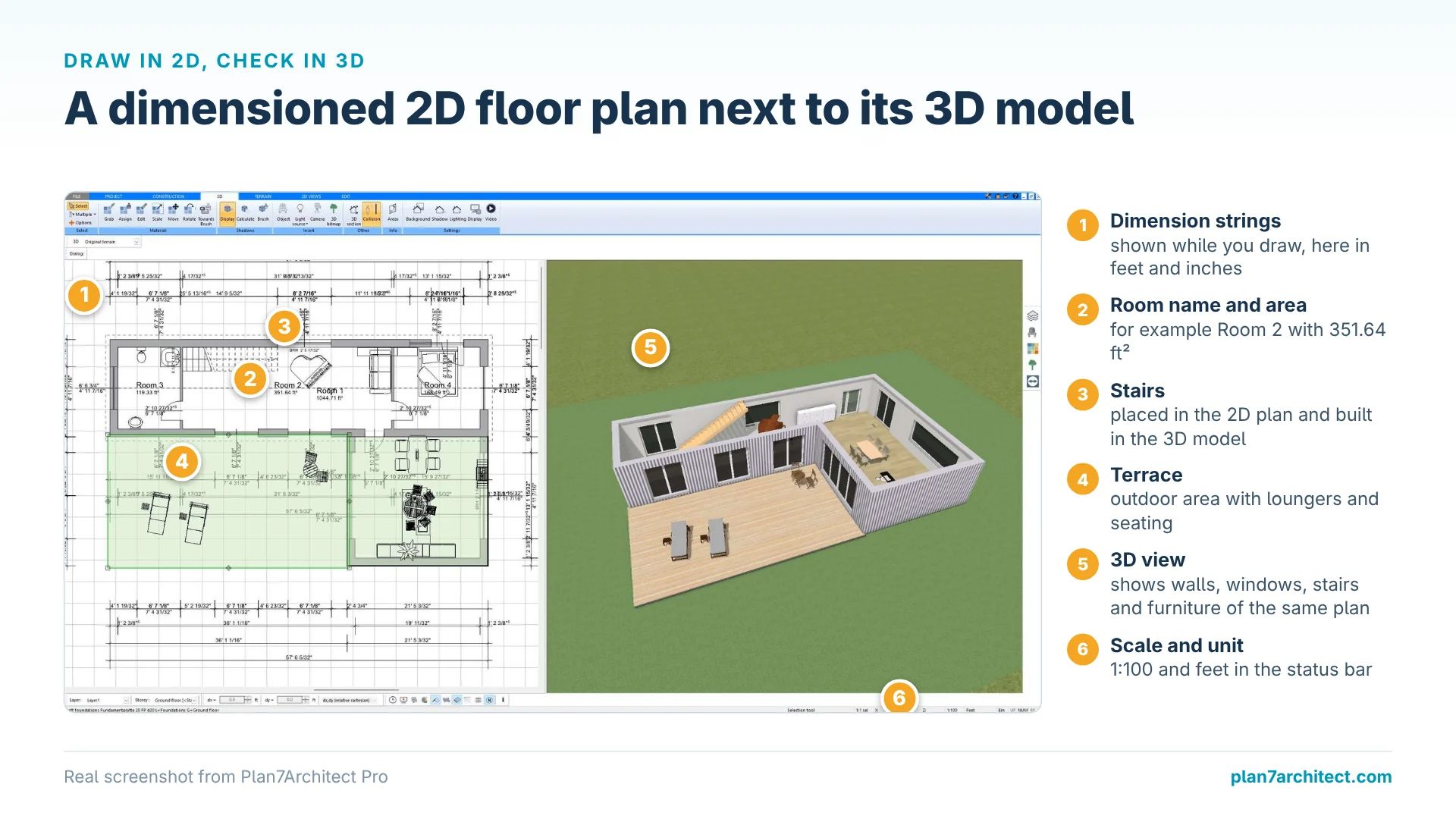 Screenshot: Dimensioned 2D floor plan with room areas and stairs next to the 3D model