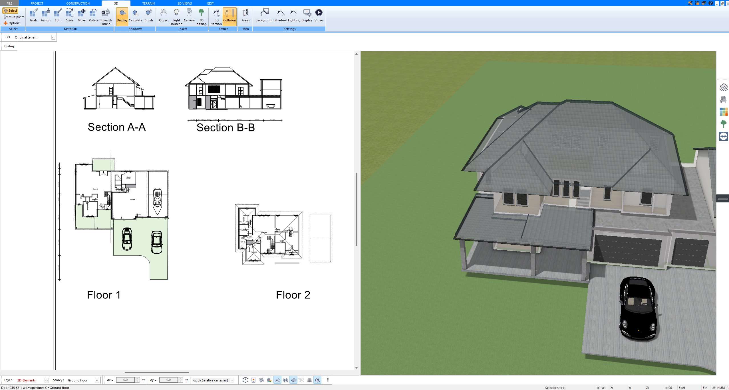 Section drawings and floor plans created with Plan7Architect showing ceiling heights across two floors