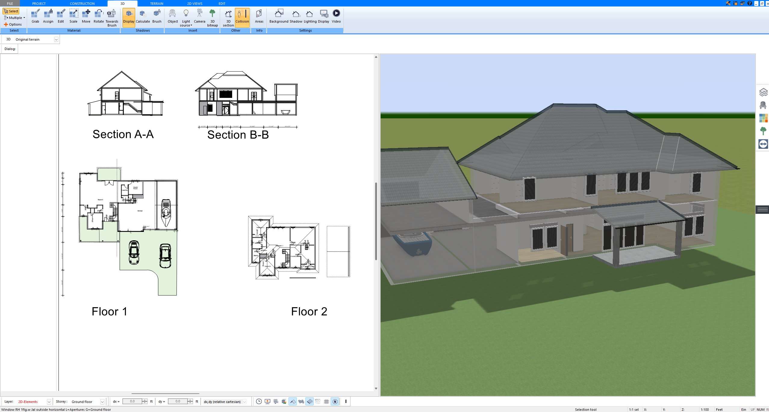 Sections floor plans and 3D rear view created with Plan7Architect showing window placement on a family home
