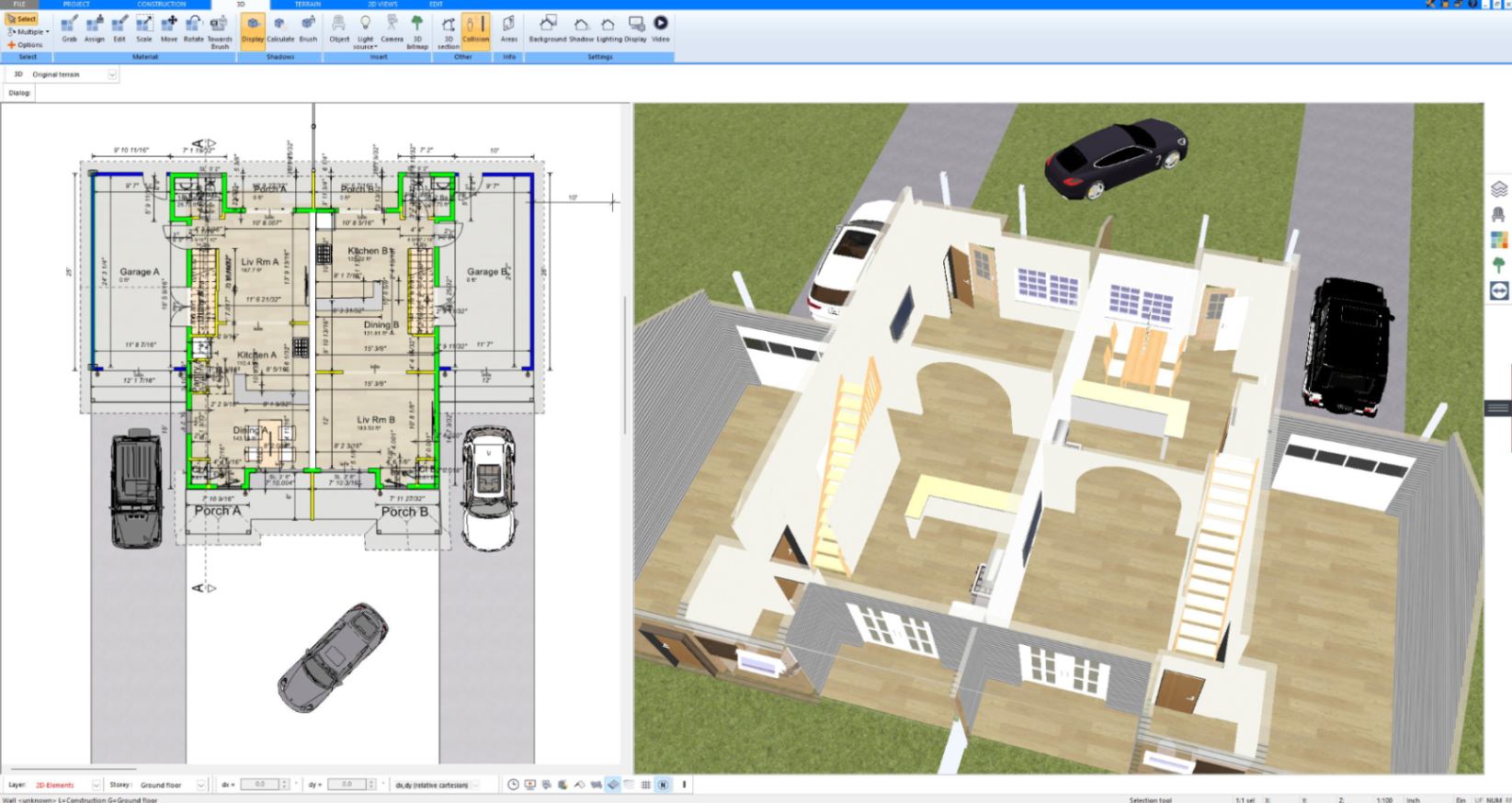 Staircase and upper floor layout in 3D designed with Plan7Architect