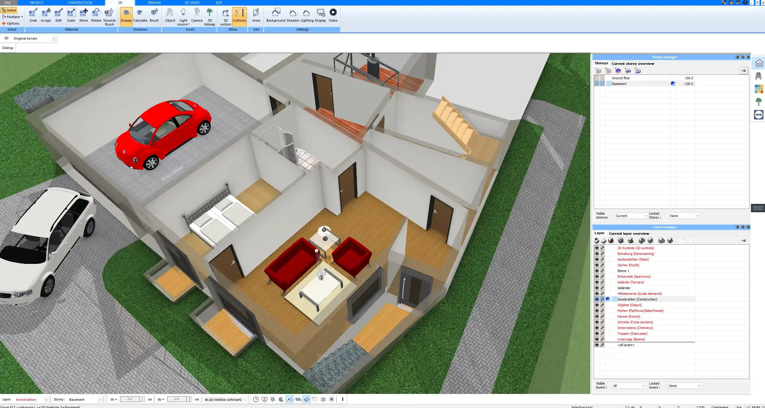 Storey manager in Plan7Architect used to set floor levels and ceiling heights for a house with basement