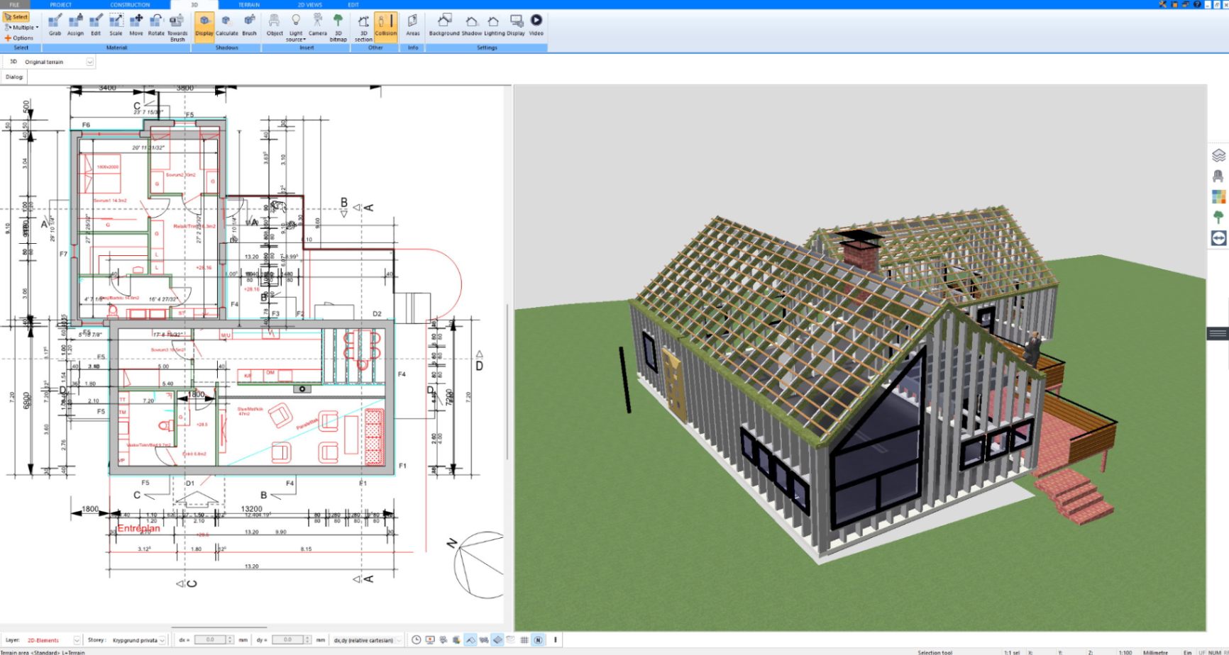 Timber frame building with gable roof framing created in Plan7Architect