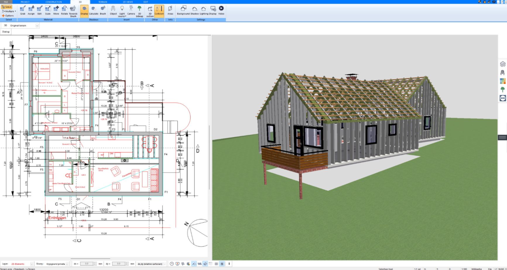 Timber frame house with roof trusses and deck planned in Plan7Architect