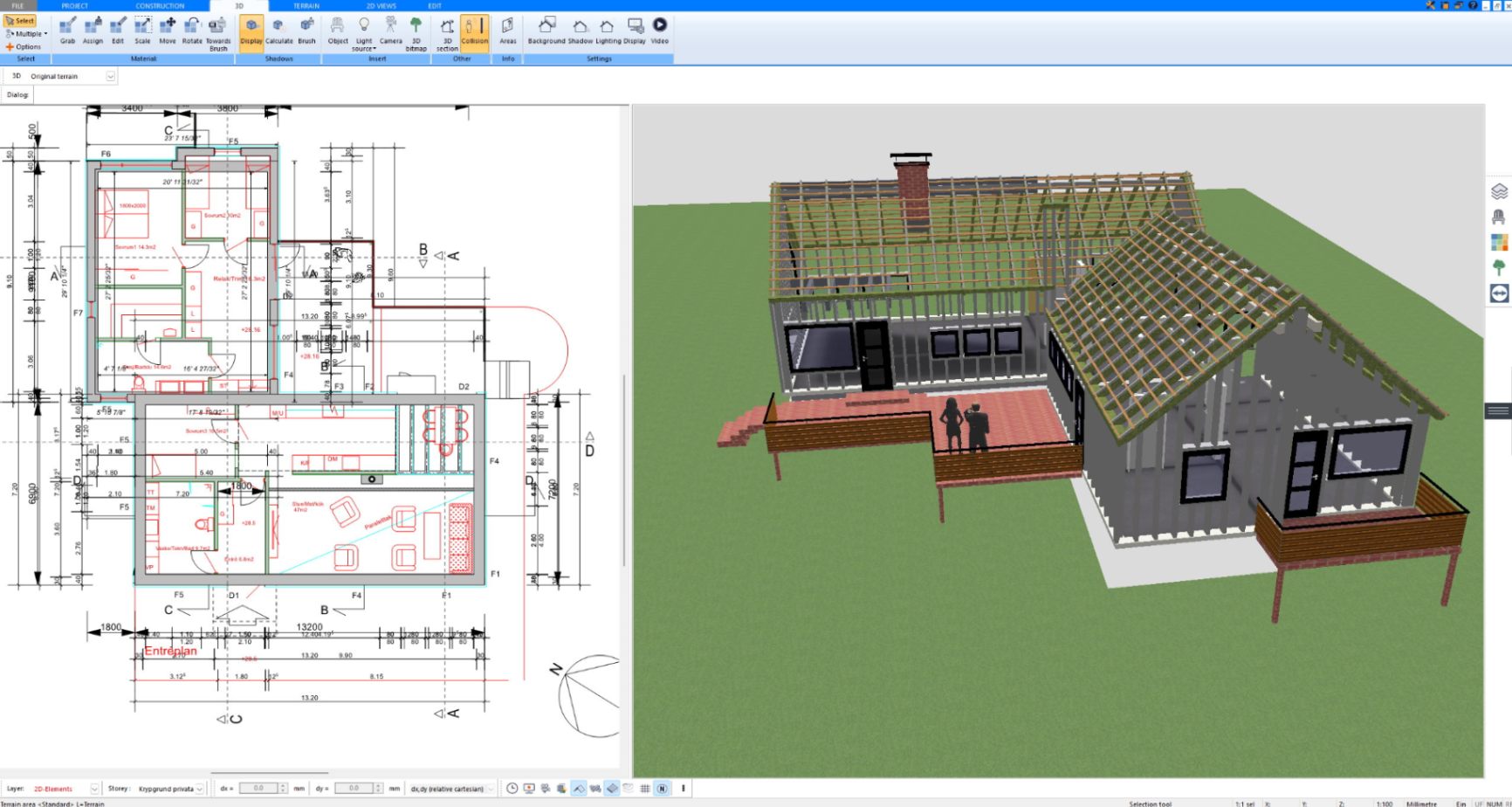 Timber house with roof framing and deck planned in Plan7Architect