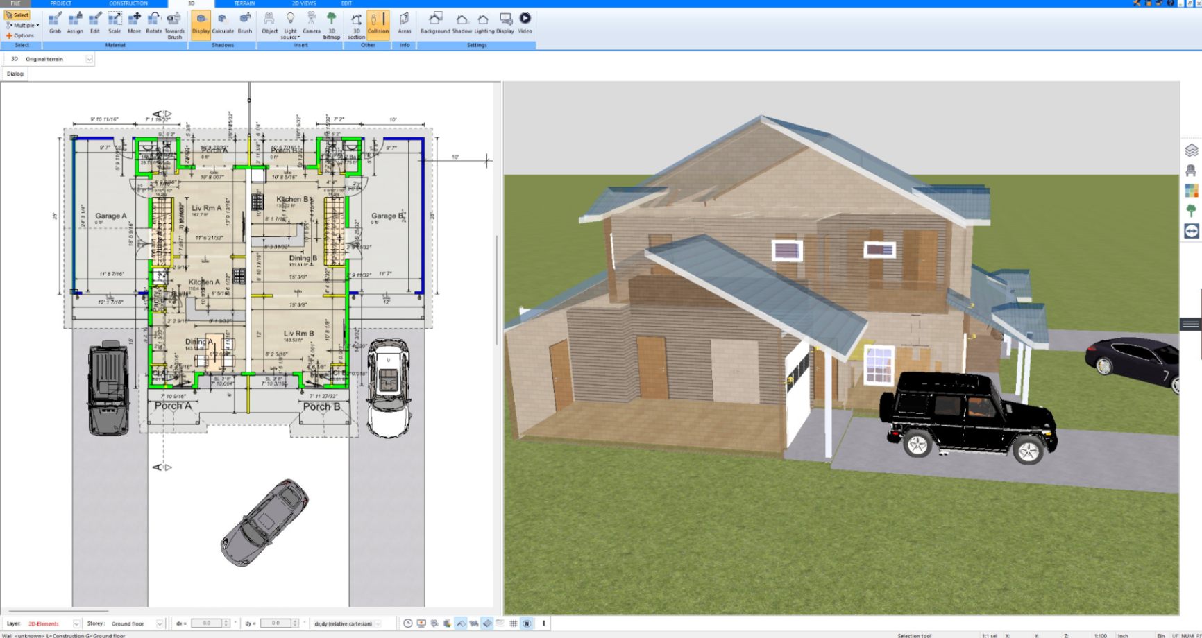 Transparent 3D view of a two-story brick house with garages designed in Plan7Architect, angled view