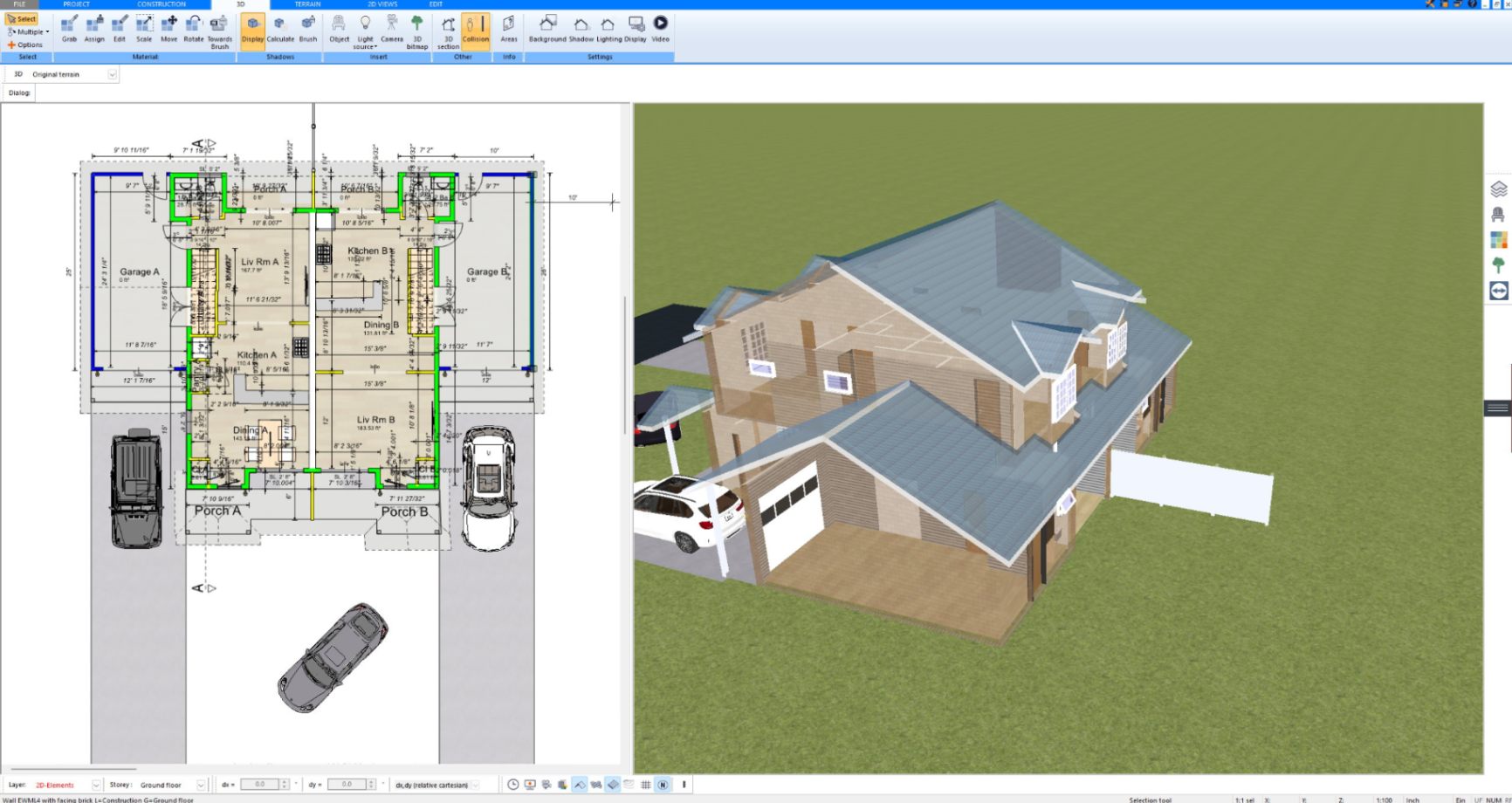 Transparent 3D view of a two-story house designed with Plan7Architect