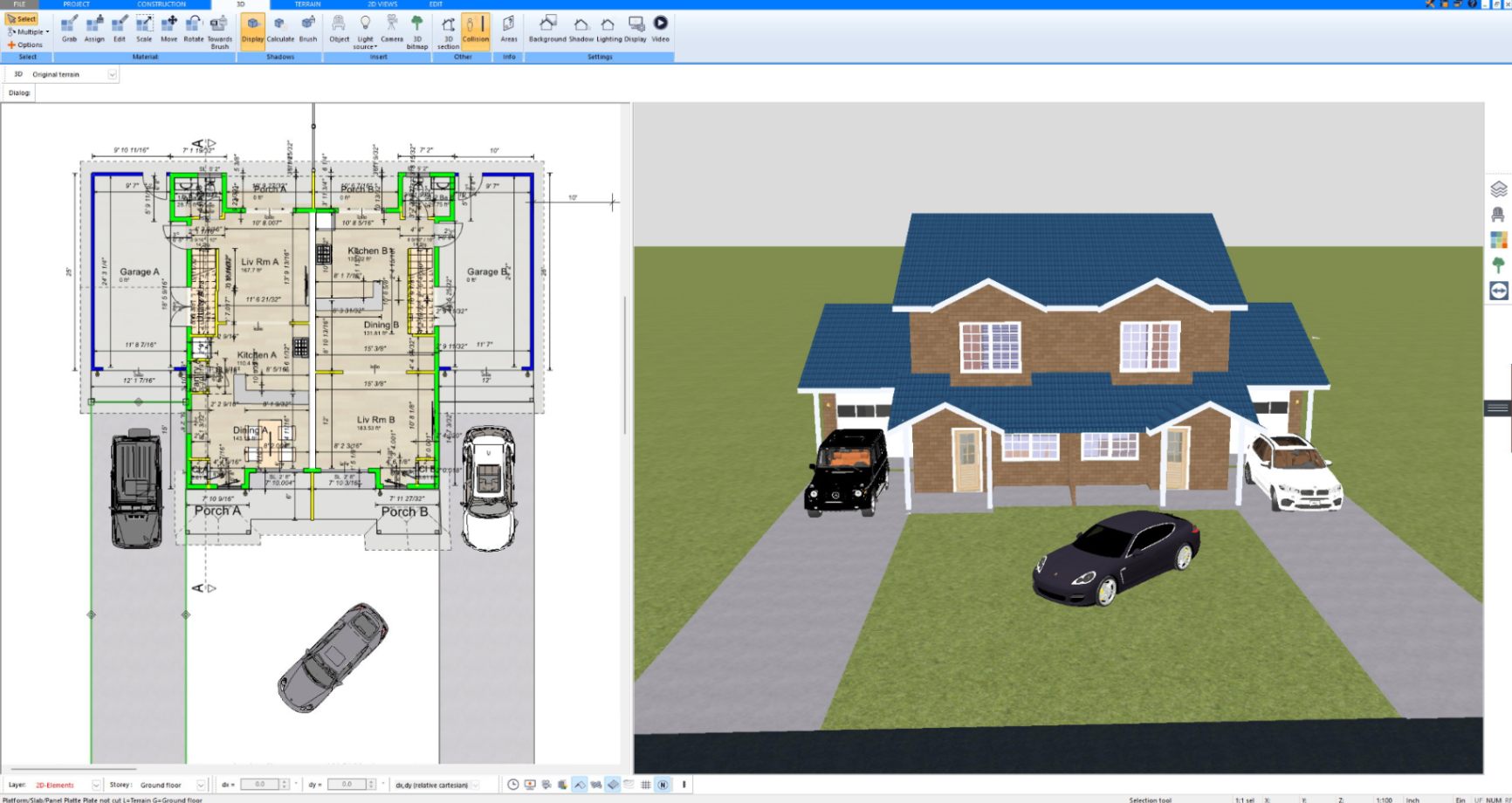 Two-story brick house with blue roof and driveway designed in Plan7Architect, view 10