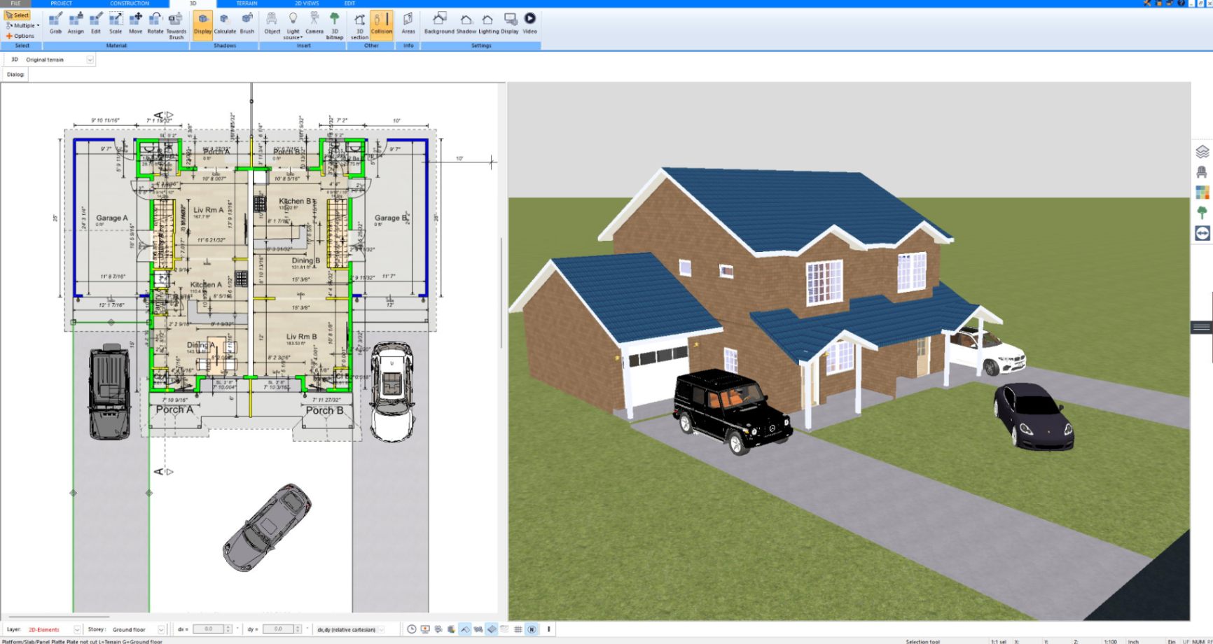 Two-story brick house with blue roof and driveway designed in Plan7Architect, view 11